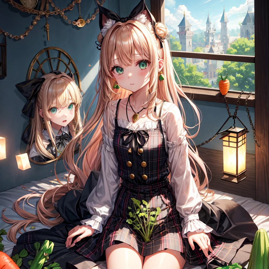 pink blonde、green eyes、one good looking girl、solo、anime、plaid mini skirt、the skirt has buttons、black camisole、black t-shirt、dress、wearing a ribbon、ribbon at waist、cloak、hood、clouds are swirling、stone slabs are piled up、raising one hand、crystal earrings、vegetable garden、monster castle、ceiling、golden key、jewelry necklace、Light and shadow、window、Hundreds of Ghosts at Night、lantern、sitting、legs crossed、mirror、Carrot、asparagus、tomato、green pepper、tunnel、clock、Stuck in the wall、tail、Rubik's Square、steam