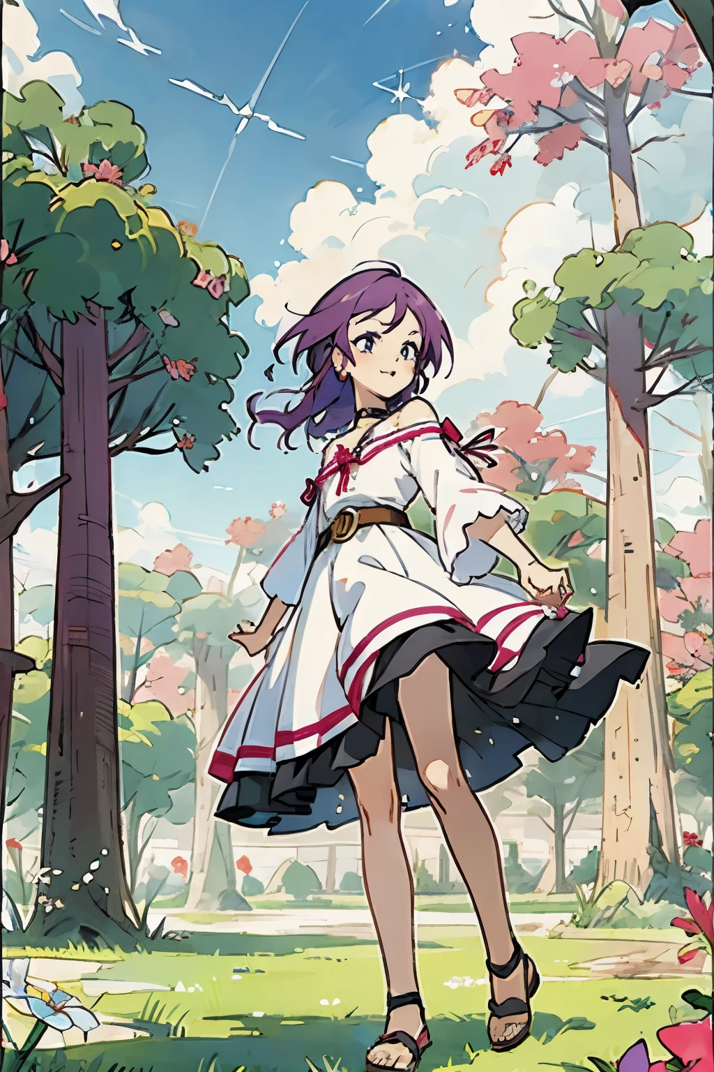 Kisho, 1 girl, purple hair, fantasy world, Remains, Bang, beautiful sky, shining sky, sunlight, smile, waving, sandals, belt, ribbon choker, Dresses that blow the wind, White lace dress, Off-shoulder sleeve, both hands, perfect fingers, five fingers, beautiful eyes