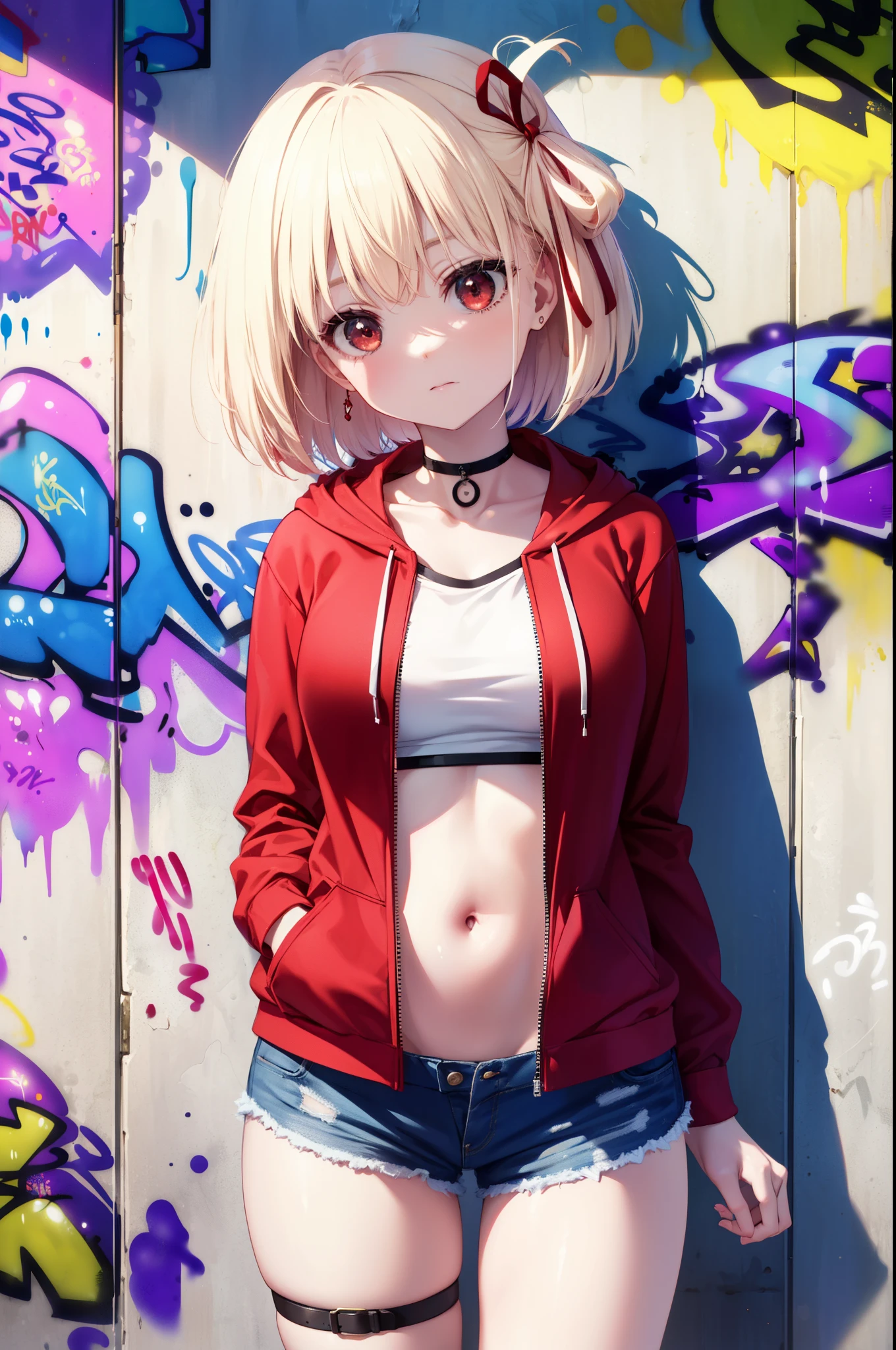 Chisato Nishikigi, Chisato Nishikigi, short hair, bangs, blonde hair, (red eyes:1.5), hair ribbon, one side up, Red hoodie　the front is open,bob cut,Belly button tank top,denim shorts, choker, (graffiti:1.5), paint splatters, turn your arms behind your back, towards the wall, looking at the viewer , thigh strap, head tilt, was bored,break outdoors, Alley,break looking at viewer, (cowboy shot:1.5),
break (masterpiece:1.2), highest quality, High resolution, unity 8k wallpaper, (shape:0.8), (beautiful and detailed eyes:1.6), highly detailed face, perfect lighting, Very detailed CG, (perfect hands, perfect anatomy),