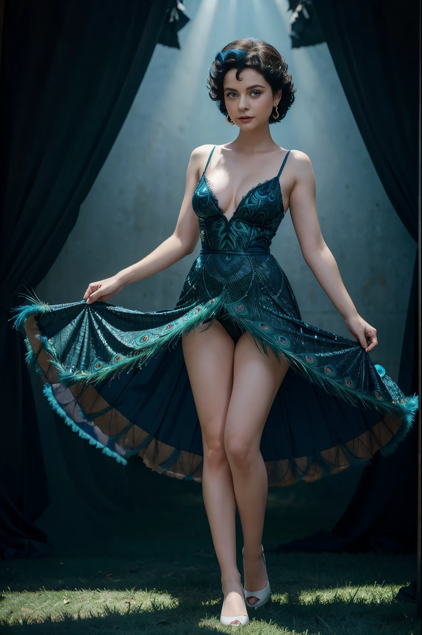 Betty boop in a light straplees dress made of peacock feathers, blue eyes, pale skin, full body, realistic 4k photo