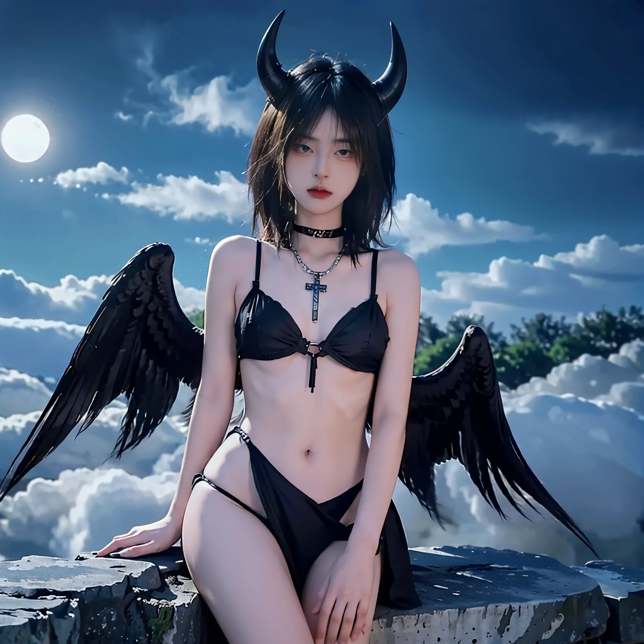 1 girl, black dress bikini, halo, demon horns, standing on the garden, choker, super villain, stand, tatto, cross necklace, earrings, jewellery, An angel with beautiful and delicate ornaments on her wings sits in a stone palace built on a sea of clouds, cross tatto, evening with moon in the sky