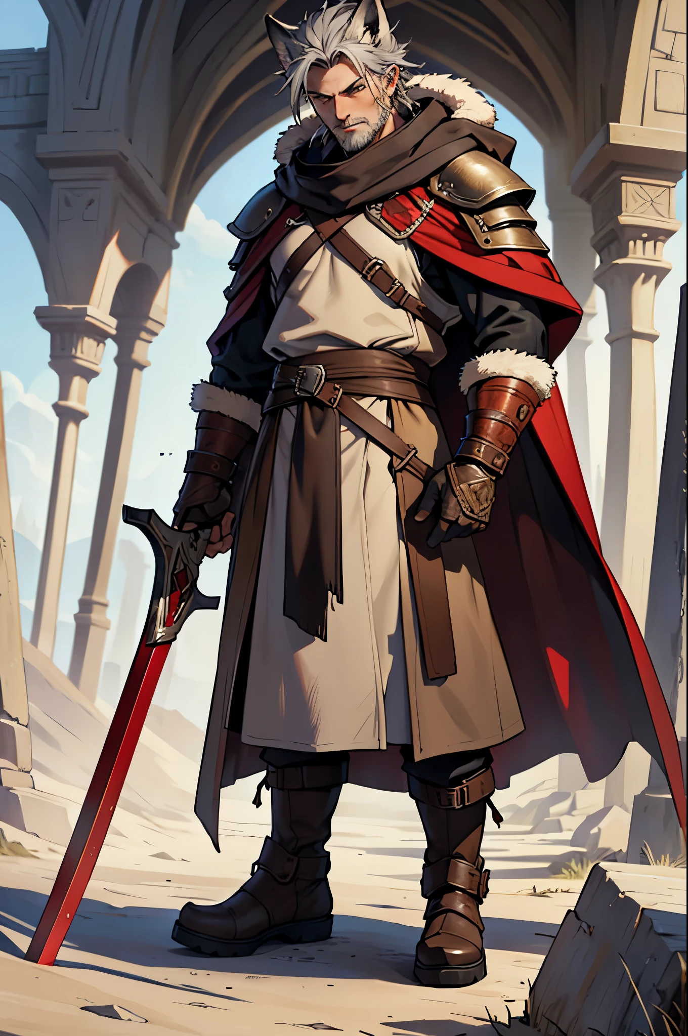 dress like shepherds - brown hide armor, leather boots, cloak and hood, trimmed with fox fur, often with a red sash or tunic. Gray-haired grandfather druid.