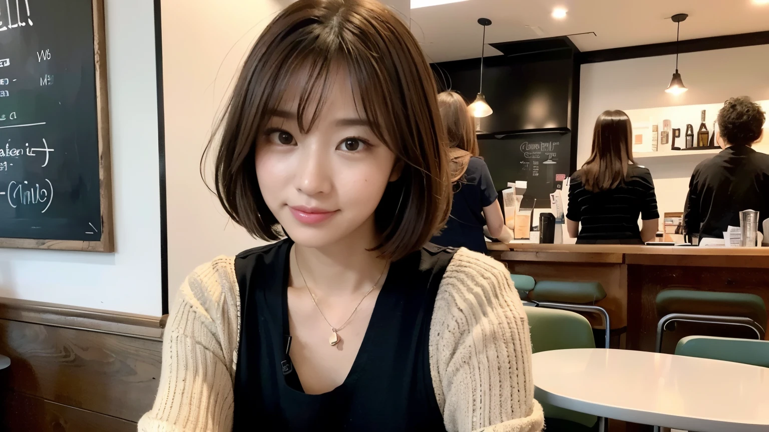 (最high quality、8k、32K、masterpiece:1.2)、A photo of a female college student who looks like a cute model、normal breasts、short bob hair、Upper body、face focus、extra large_sweater、necklace、look at the audience、background a trendy coffee shop with a unique aesthetic and atmosphere. Incorporate elements like modern furniture, artistic decoration, and ambient lighting to enhance the ambiance. People who enjoy drinks々Consider including, engaging in conversation, or quietly working on laptops. Let your creativity flow、In this chic café setting「stable diffusion」Let the idea come to life, I can see other customers enjoying themselves too..。At the back of the cafe、Staff are busy working at the counter.、Feel the vibrancy and warmth of a city cafe.., sharp focus, 1 girl, sexy 1.2, brown hair, With bangs, fine eyes, Beautiful eyes with long slits, double eyelid, (cat face), (cute Face), cute Smile, (close your mouth), (cute), soft skin, surreal, Super detailed, high quality, (Beautiful female college student with short hair studying in a cafe), ((詳細な非常にcute女子大生),