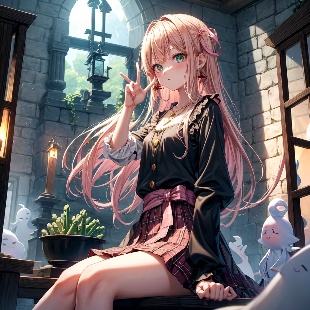 pink blonde、green eyes、one good looking girl、solo、anime、plaid mini skirt、the skirt has buttons、black camisole、black t-shirt、dress、wearing a ribbon、ribbon at waist、cloak、hood、clouds are swirling、stone slabs are piled up、raising one hand、crystal earrings、vegetable garden、monster castle、ceiling、golden key、jewelry necklace、Light and shadow、window、Hundreds of Ghosts at Night、lantern、sitting、legs crossed、mirror、Carrot、asparagus、tomato、green pepper、tunnel、clock、Stuck in the wall、tail、Rubik&#39;s Square、steam、Pillars are on fire