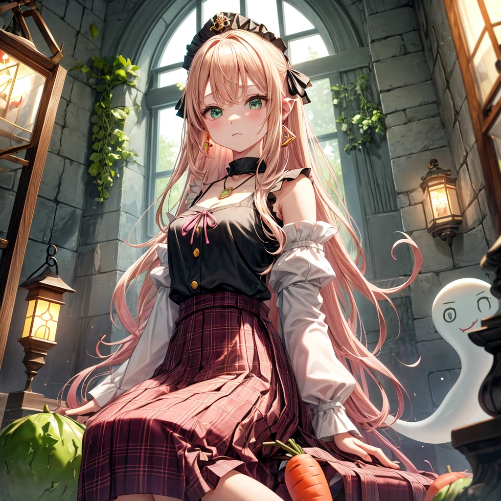 pink blonde、green eyes、one good looking girl、solo、anime、plaid mini skirt、the skirt has buttons、black camisole、black t-shirt、dress、wearing a ribbon、ribbon at waist、cloak、hood、clouds are swirling、stone slabs are piled up、raising one hand、crystal earrings、vegetable garden、monster castle、ceiling、golden key、jewelry necklace、Light and shadow、window、Hundreds of Ghosts at Night、lantern、sitting、legs crossed、mirror、Carrot、asparagus、tomato、green pepper、tunnel、clock、Stuck in the wall、tail、Rubik&#39;s Square、steam、Pillars are on fire