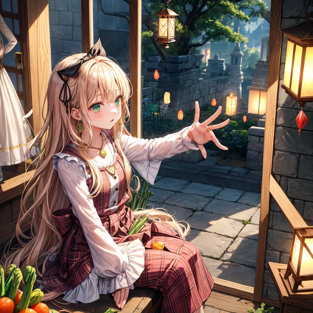pink blonde、green eyes、one good looking girl、solo、anime、plaid mini skirt、the skirt has buttons、black camisole、black t-shirt、dress、wearing a ribbon、ribbon at waist、cloak、hood、clouds are swirling、stone slabs are piled up、raising one hand、crystal earrings、vegetable garden、monster castle、ceiling、golden key、jewelry necklace、Light and shadow、window、Hundreds of Ghosts at Night、lantern、sitting、legs crossed、mirror、Carrot、asparagus、tomato、green pepper、tunnel、clock、Stuck in the wall、tail、Rubik's Square、steam、Pillars are on fire、wind chimes