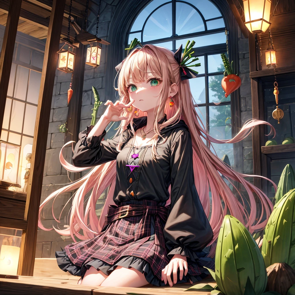 pink blonde、green eyes、one good looking girl、solo、anime、plaid mini skirt、the skirt has buttons、black camisole、black t-shirt、dress、wearing a ribbon、ribbon at waist、cloak、hood、clouds are swirling、stone slabs are piled up、raising one hand、crystal earrings、vegetable garden、monster castle、ceiling、golden key、jewelry necklace、Light and shadow、window、Hundreds of Ghosts at Night、lantern、sitting、legs crossed、mirror、Carrot、asparagus、tomato、green pepper、tunnel、clock、Stuck in the wall、tail、Rubik&#39;s Square、steam、Pillars are on fire、wind chimes