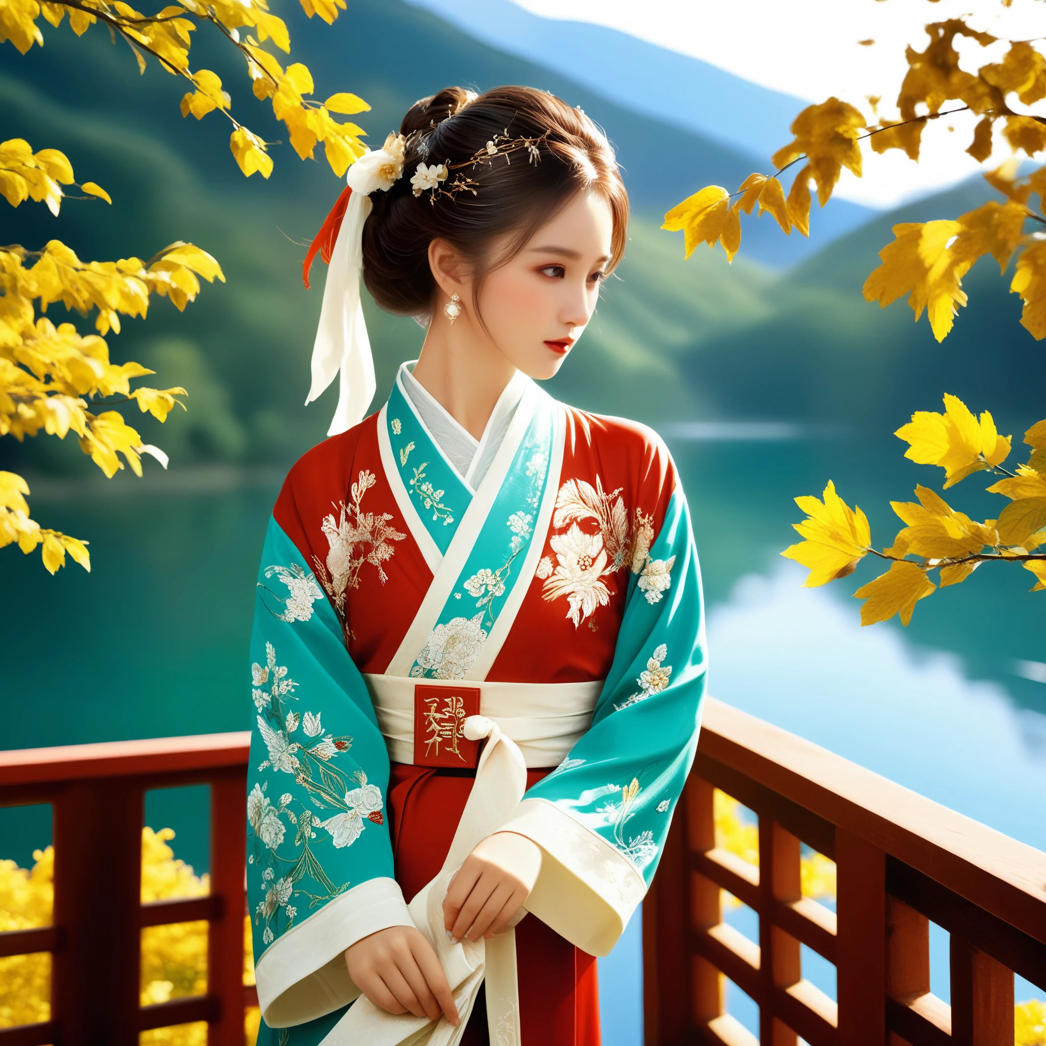 photorealistic,realistic,masterpiece,best quality,4k,，
A girl standing near the bridge over the lake, Wear new Chinese clothing that combines traditional Chinese Hanfu and modern clothing elements, Showing a unique oriental charm. Her clothes are mainly in red and white colors, With exquisite embroidery and beadwork, Showing the profound heritage of Chinese traditional culture. Her hairstyle is simple yet elegant, Wearing gorgeous hair accessories, Adds a splash of color to the overall look. Her makeup is delicate and elegant, Highlighting her natural beauty. Her eyes are bright and energetic, It seemed to be telling her inner story. Her skin is fair and delicate, Exudes a charming luster. Her figure is graceful and dignified, Exudes a noble temperament. She stood on the bridge by the lake, Behind you are the sparkling water and the mountains in the distance., It forms a beautiful picture. The sun shines on her body, Contrast between light and dark, highlighting her theme.