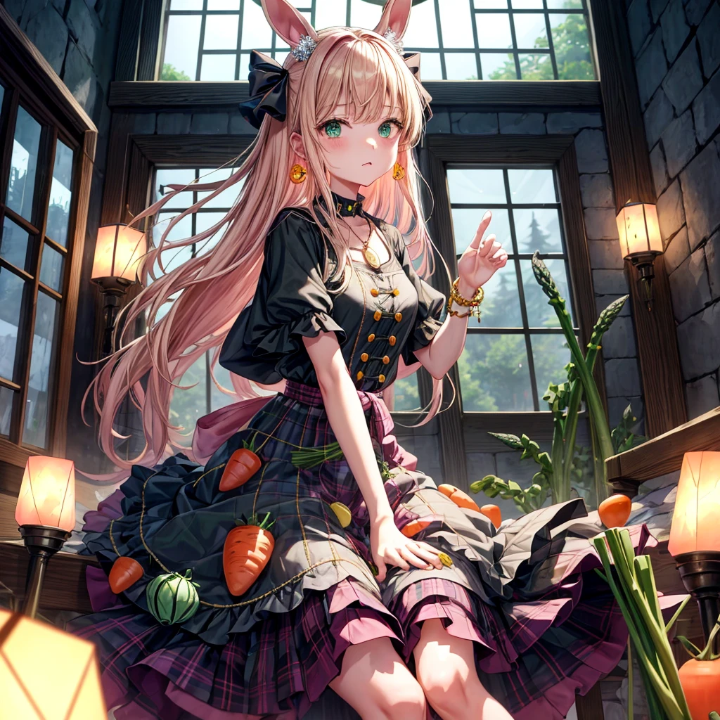 pink blonde、green eyes、one good looking girl、solo、anime、plaid mini skirt、the skirt has buttons、black camisole、black t-shirt、dress、wearing a ribbon、ribbon at waist、cloak、hood、clouds are swirling、stone slabs are piled up、raising one hand、crystal earrings、vegetable garden、monster castle、ceiling、golden key、jewelry necklace、Light and shadow、window、Hundreds of Ghosts at Night、lantern、sitting、legs crossed、mirror、Carrot、asparagus、tomato、green pepper、tunnel、clock、Stuck in the wall、tail、Rubik&#39;s Square、steam、Pillars are on fire、wind chimes