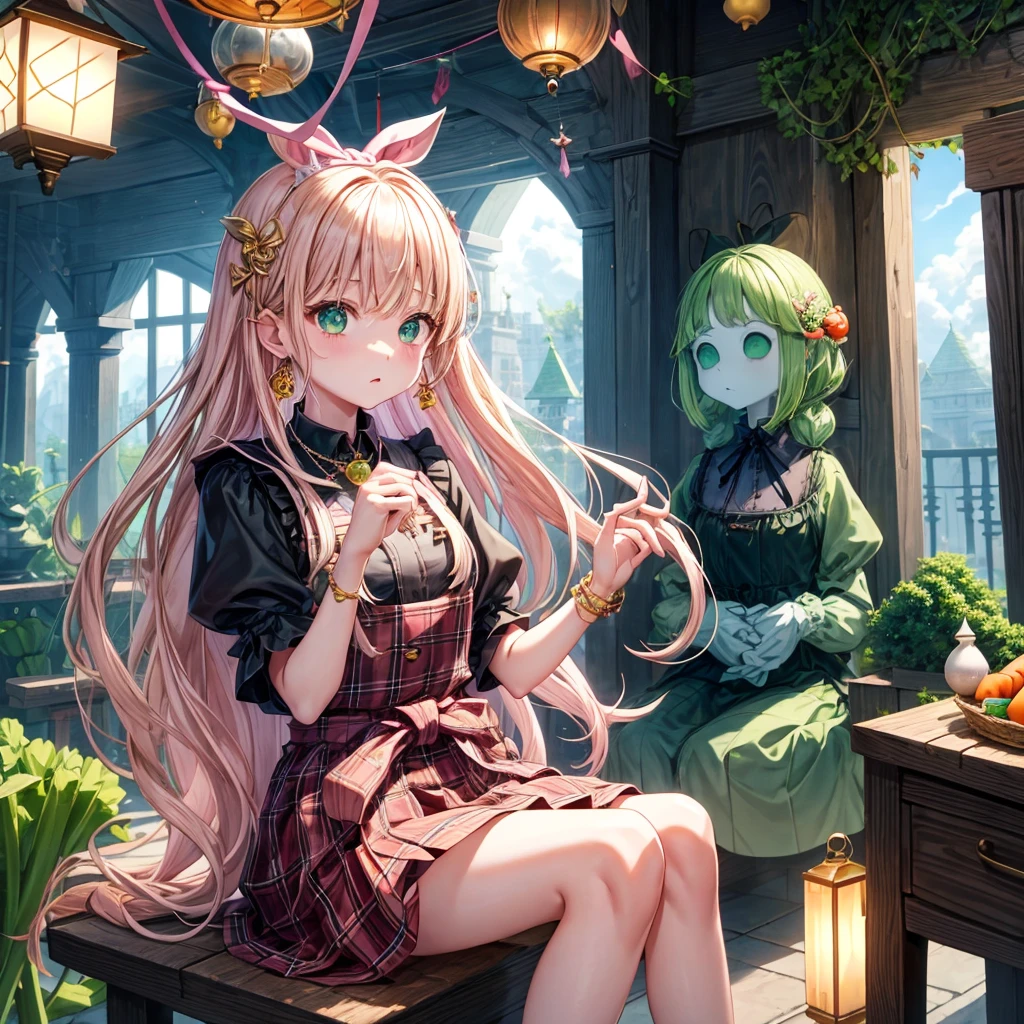 pink blonde、green eyes、one good looking girl、solo、anime、plaid mini skirt、the skirt has buttons、black camisole、black t-shirt、dress、wearing a ribbon、ribbon at waist、cloak、hood、clouds are swirling、stone slabs are piled up、raising one hand、crystal earrings、vegetable garden、monster castle、ceiling、golden key、jewelry necklace、Light and shadow、window、Hundreds of Ghosts at Night、lantern、sitting、legs crossed、mirror、Carrot、asparagus、tomato、green pepper、tunnel、clock、Stuck in the wall、tail、Rubik&#39;s Square、steam、Pillars are on fire、wind chimes