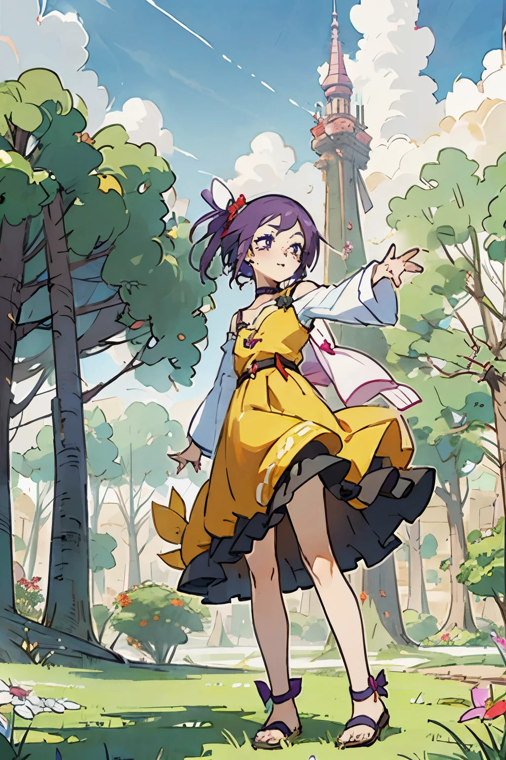 Kisho, 1 girl, purple hair, fantasy world, Remains, Bang, beautiful sky, shining sky, sunlight, smile, waving, sandals, belt, ribbon choker, Dresses that blow the wind, White lace dress, Off-shoulder sleeve, both hands, perfect fingers, five fingers, beautiful eyes