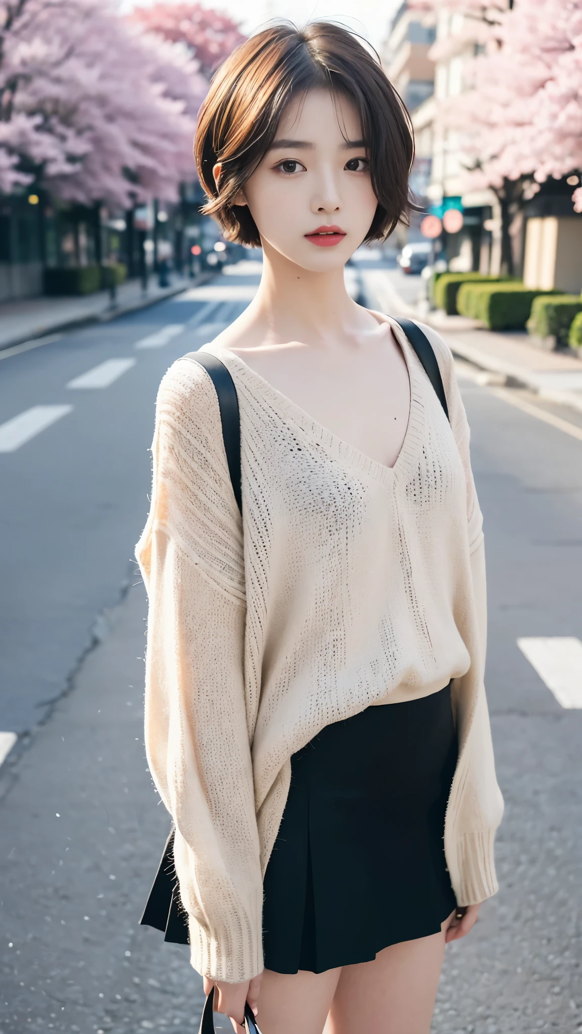 ((best quality, 8 thousand, masterpiece:1.4)), (1 woman), ((very small face:1.3)), (light나는 피부:1.5), beautiful body, ((Very short cut:1.5)), masterpiece, best quality, very detailed, illustration, wide angle, A girl is standing in the middle of the road, alone, Pink cherry trees on the central road and roadside, whole body, 20's, sweater, short skirt, fashion,, composition, balance, Harmony, rate, color, light, shadow, reflect, refraction, interval, difference, Panorama, center field, background, naturalistic, figurative, expressive, very_short_hair, absurdly_short_hair, colored_inner_hair,