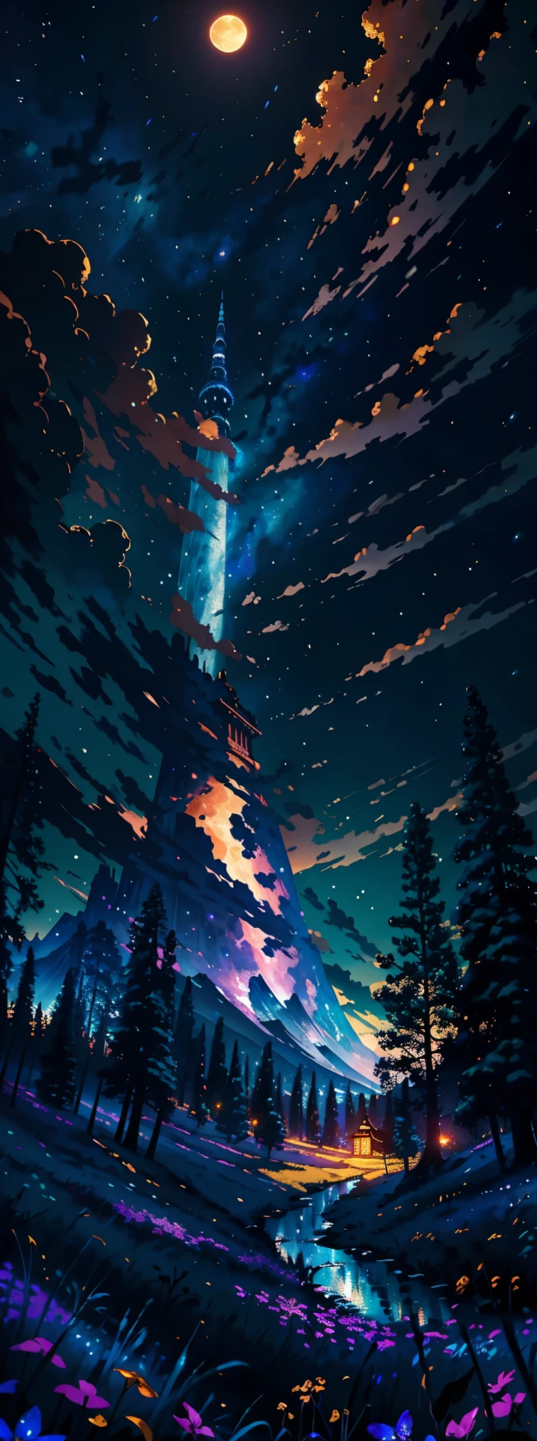 Expansive landscape photograph, (view from below with a view of the sky and the wilderness below), standing in a flower field looking up, (full moon: 1.2), (shooting star: 0.9), (nebula: 1.3), distant mountain, tree break production art, (warm light source: 1.2), (firefly: 1.2), lamp, purple and orange, intricate detail, volume lighting BREAK (masterpiece: 1.2), (highest quality ), 4k, ultra-detailed, (dynamic configuration: 1.4), highly detailed and colorful details (iridescent: 1.2), (sparkling lighting, atmospheric lighting), dreamy, magical, (solo: 1.2)