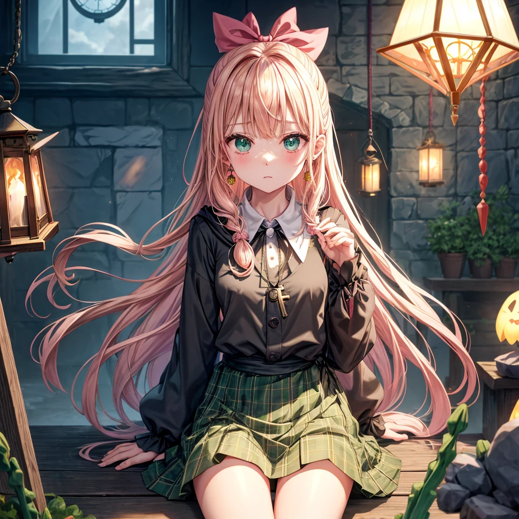 pink blonde、green eyes、one good looking girl、solo、anime、plaid mini skirt、the skirt has buttons、black camisole、black t-shirt、dress、wearing a ribbon、ribbon at waist、cloak、hood、clouds are swirling、stone slabs are piled up、raising one hand、crystal earrings、vegetable garden、monster castle、ceiling、golden key、jewelry necklace、Light and shadow、window、Hundreds of Ghosts at Night、lantern、sitting、legs crossed、mirror、Carrot、asparagus、tomato、green pepper、tunnel、clock、Stuck in the wall、tail、Rubik's Square、steam、Pillars are on fire、wind chimes