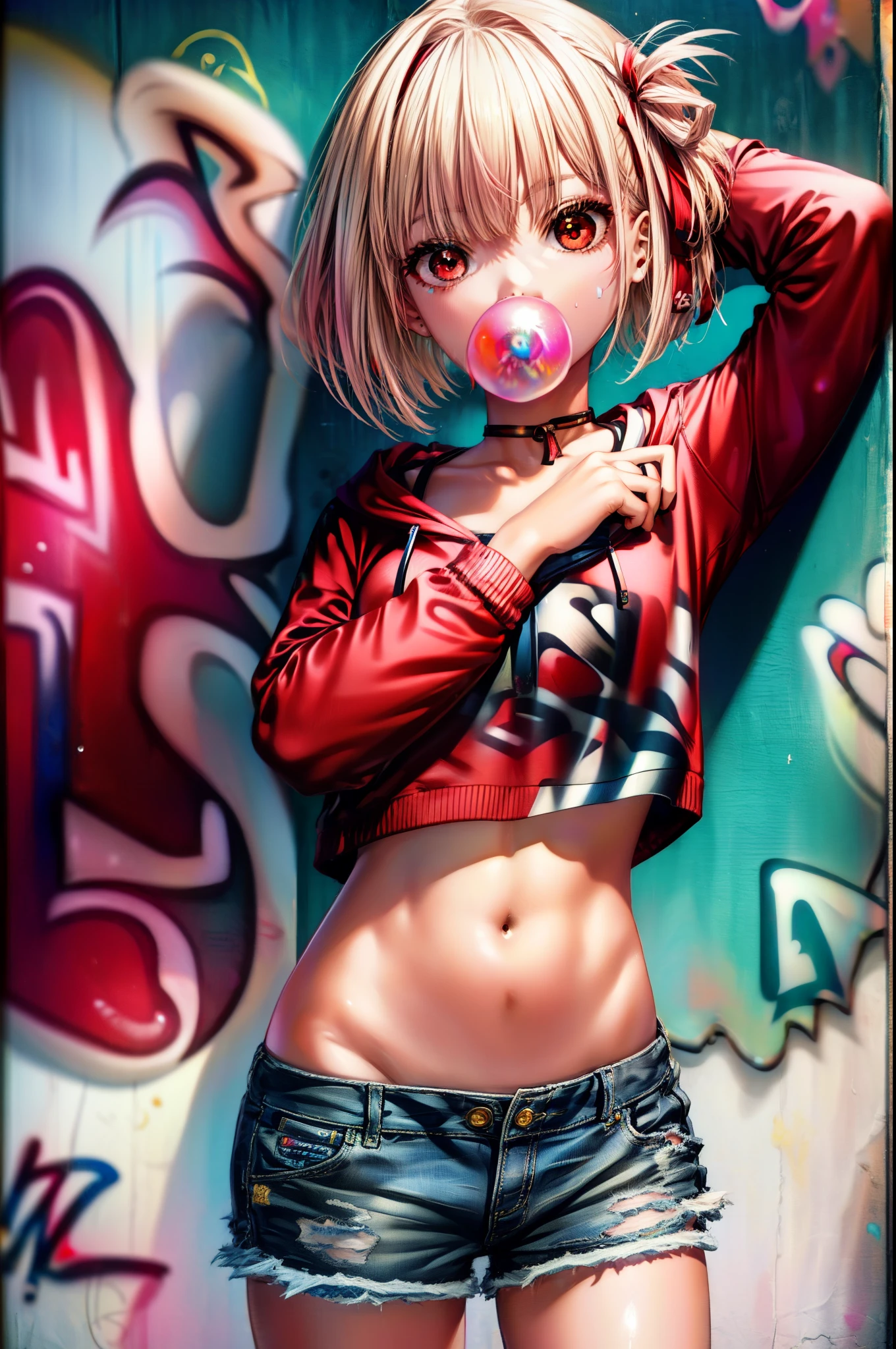 Chisato Nishikigi, Chisato Nishikigi, short hair, bangs, blonde hair, (red eyes:1.5), hair ribbon, one side up, Red hoodie　the front is open,wearing a hood,blow bubble gum, pink bubble gum,bob cut,Belly button tank top,denim shorts, choker, (graffiti:1.5), paint splatters, turn your arms behind your back, towards the wall, looking at the viewer , thigh strap, head tilt, was bored,break outdoors, Alley,break looking at viewer, (cowboy shot:1.5),
break (masterpiece:1.2), highest quality, High resolution, unity 8k wallpaper, (shape:0.8), (beautiful and detailed eyes:1.6), highly detailed face, perfect lighting, Very detailed CG, (perfect hands, perfect anatomy),