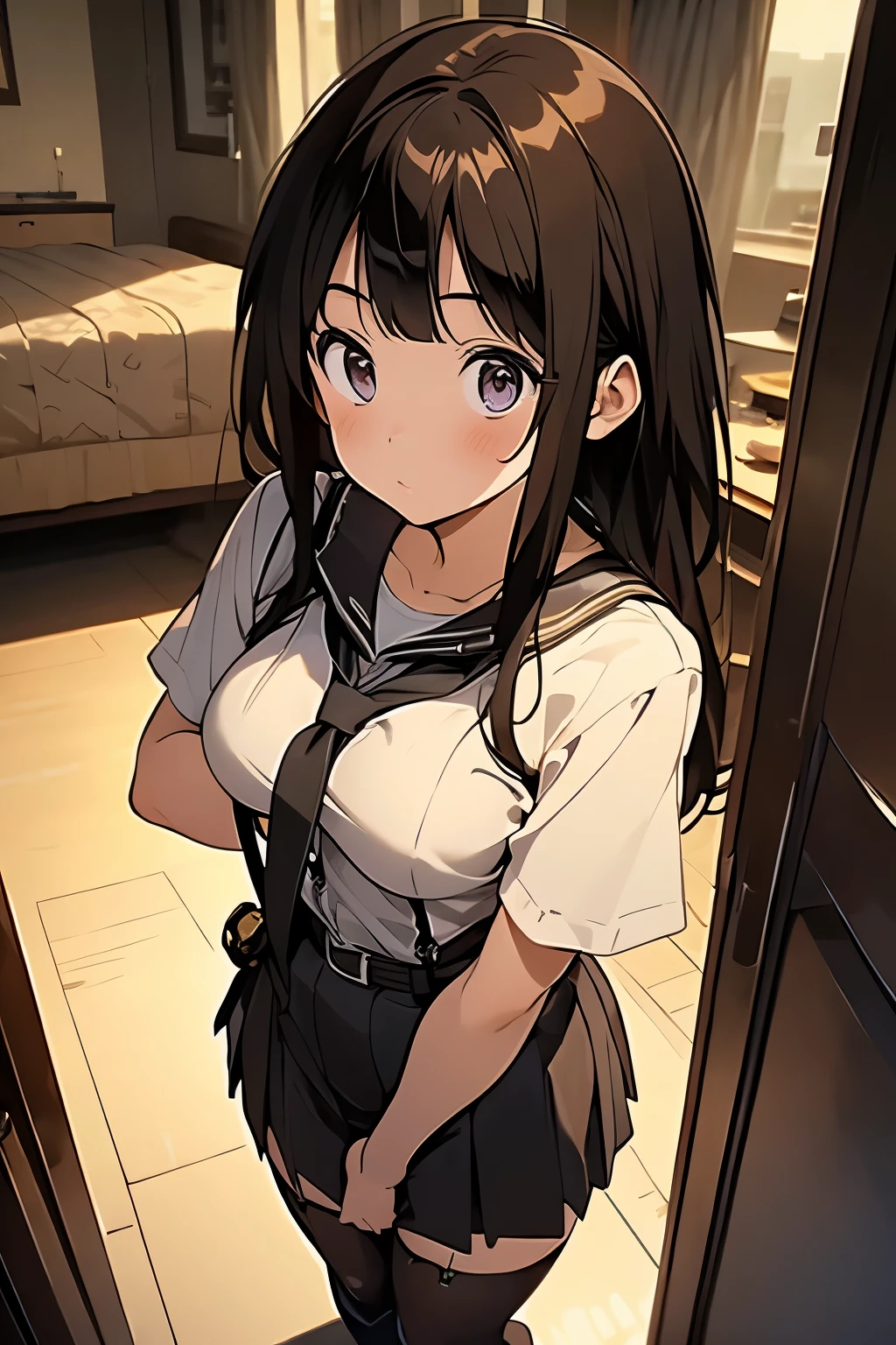 brown hair、looking at the viewer suspenders big swollen breasts black mini skirt garter belt knee high socks Aerial perspective small face bangs Beauty hands up sideways view black boots provocation one person cutter shirt hands behind put your hands behind your back Hands behind your back With your hands behind your back armed holster Belt Garter Bell Black Gloves with Holes A Hotel Room Bed wall side blonde