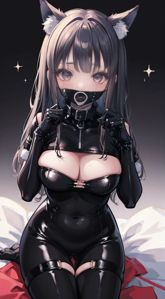 high quality, masterpiece, super detailed, 1 girl, extremely detailed faces, gagged,gagged,Christmas black latex full body suit,black gloves,black christmas stocking tiara,gagged,,handcuffs,collar,Calm expression,Smile,handcuffs,collar,long black hair, Charming pink eyes, fox ears, ridiculously big, skin shiny, sitting on the snow,Cover your chest with your hands,Bright Christmas night scene