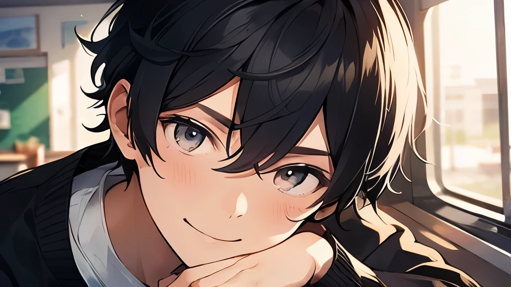 male、hair is black、hair cut short、Looks serious、School、very smiling、Wearing a school uniform