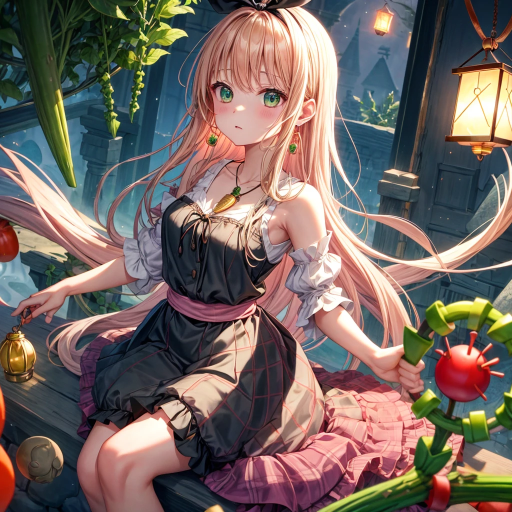 pink blonde、green eyes、one good looking girl、solo、anime、plaid mini skirt、the skirt has buttons、black camisole、black t-shirt、dress、wearing a ribbon、ribbon at waist、cloak、hood、clouds are swirling、stone slabs are piled up、raising one hand、crystal earrings、vegetable garden、monster castle、ceiling、golden key、jewelry necklace、Light and shadow、window、Hundreds of Ghosts at Night、lantern、sitting、legs crossed、mirror、Carrot、asparagus、tomato、green pepper、tunnel、clock、Stuck in the wall、tail、Rubik's Square、steam、Pillars are on fire、wind chimes