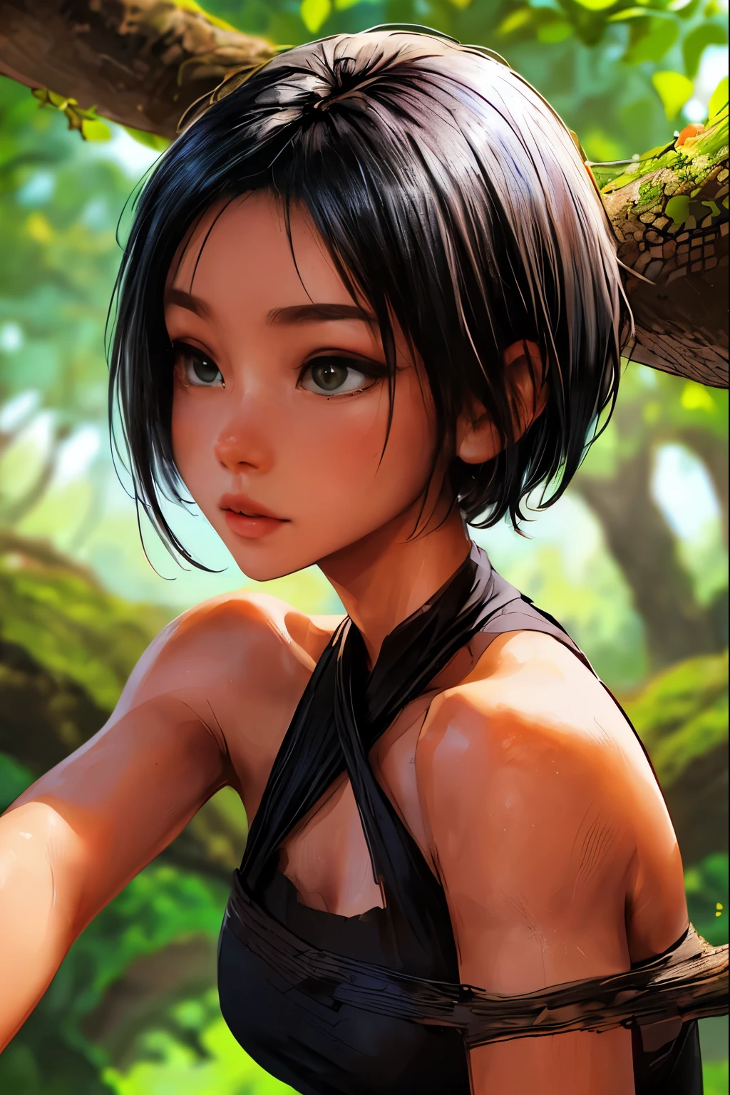 1 garota, pele escura, olho azul brilhante ((cabelo totalmente Branco, cabelo cacheado estilo pixie cut)), Simple black one-piece old-fashioned ninja style tunic, ((tronco, foco facial, rosto de perto)),
