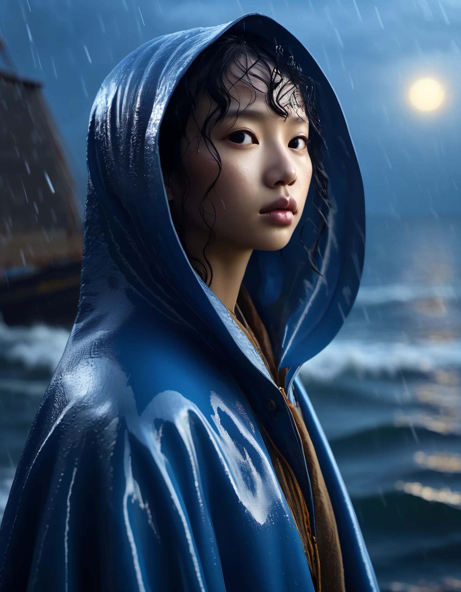 (坐在悬崖岩石上看灯塔的black hair女孩),portrait，close up， He lowered his head to guide the ship in the distance.. Chinese girl. ，black hair，Vicissitudes, small straight nose，Wearing a blue hooded raincoat, rough waves, beam, moonlight, background: Heavy rain is coming, photography, Andrey Remnev, masterpiece, tilin, realism, diablo, gothic art, The atmosphere is strong, unreal engine, Quixel Megascans rendering, V-ray, high detail, high quality, high resolution, art stage trends, surrealism, HD, 16k, depth of field (Every time), waist shot (WS), close up, Rembrandt lighting, Epic visuals, Top view,