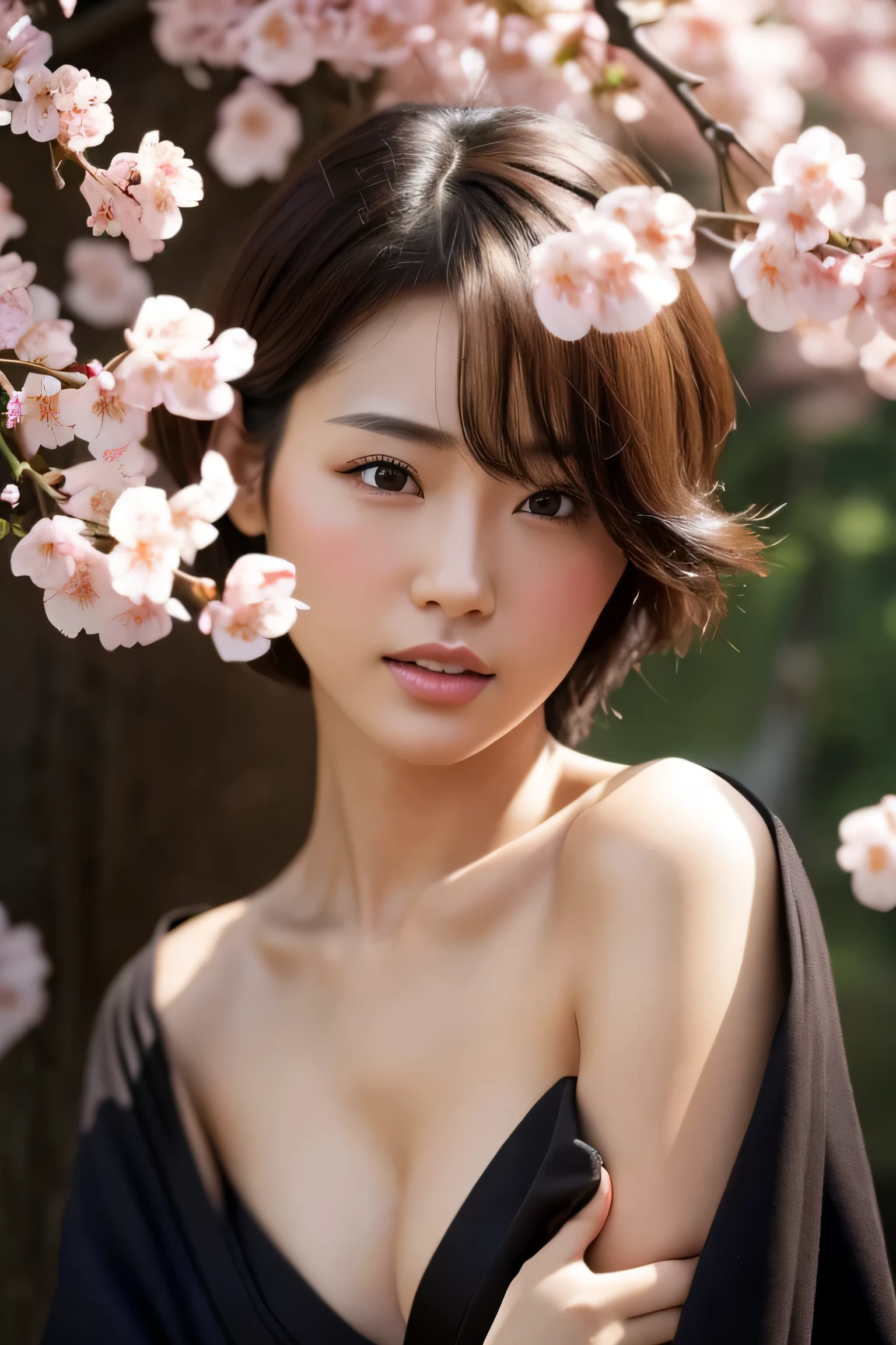 (masterpiece:1.2), Super detailed, ultra high resolution, (realistic, photo realistic:1.37), High-definition RAW color photo, professional photos, highly detailed face, very fine eyes, Very fine skin, very thin fingers, highly detailed nose, highly detailed mouth, perfect anatomy, highly detailed background, (famous japanese actress:1.2), (Improve:1.35), (flat chest), (brown person々, black skin, blonde hair:1.3), (Very short cut hair, curl the inside of the hair), kimono, whole body, (cherry blossom petals are falling:1.2)