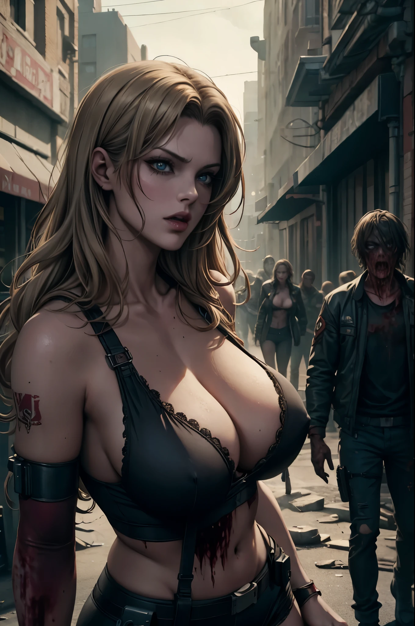 super fine illustration, ultra high resolution, masterpiece, highest quality, perfect shiny shinny skin, perfect lighting, detailed lighting, dramatic shadow, ray tracing, 1 beautiful white , Alice Abernathy-Resident Evil Serieilla Jovovich:1.2)), looking at the viewer, small breaautiful detailed hazel eyes, sharp face, clear eyes, red lips, long bangs, medium curly hair, blond hair, ((cyberpunk dark street)), ((background with zombie group)), ((night)), Upper body, battle suit, military harness, looking back,