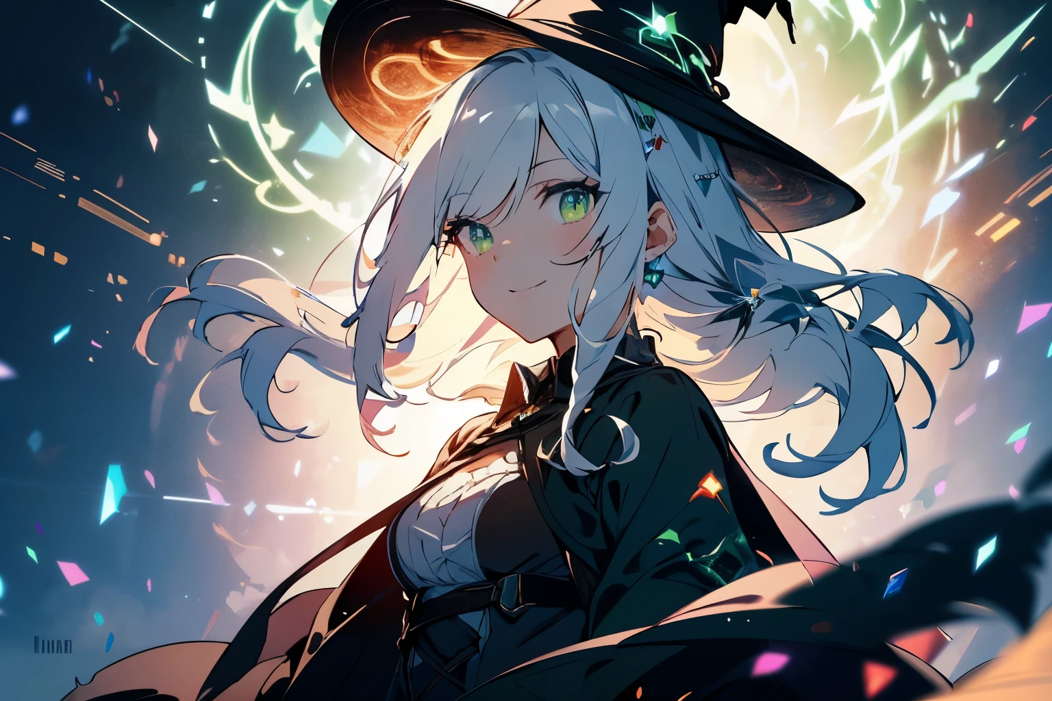 (ultra-detailed, perfect pixel, highres, best quality, beautiful eyes finely detailed), female, witch, full of magic aura, smirk facial expression, sharp green eye color (glowing green eyes), white hair, long wavy hair, flying hair, black dress, witch point hat, elegant, the background is full of magical particles. lens flare, glowing light, reflection light, motion blur, 8k, super detail, accurate, best quality, Ray tracing.