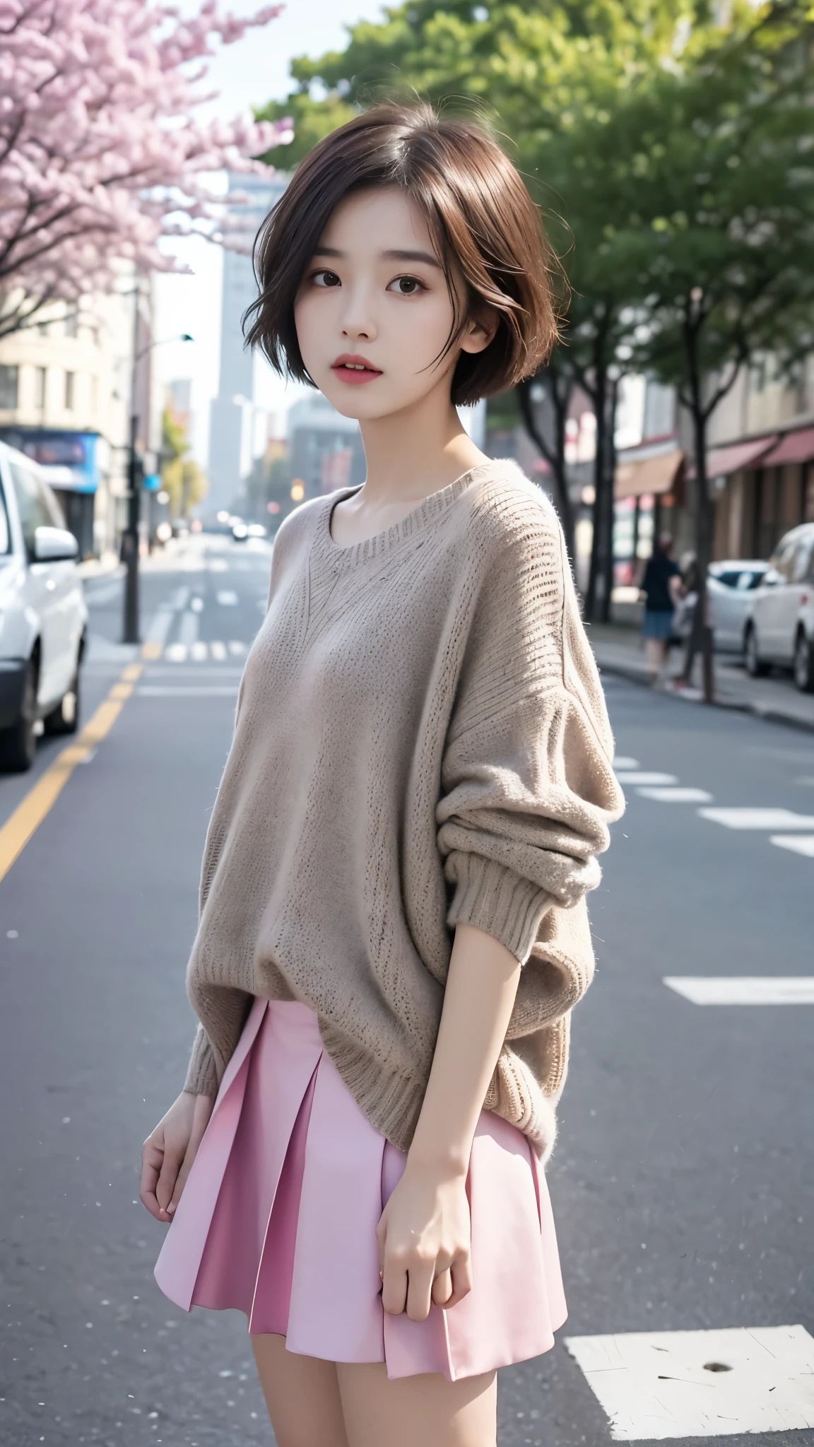 ((best quality, 8 thousand, masterpiece:1.4)), (1 woman), ((very small face:1.3)), (light나는 피부:1.5), beautiful body, ((Very short cut:1.5)), masterpiece, best quality, very detailed, illustration, wide angle, A girl is standing in the middle of the road, alone, Pink cherry trees on the central road and roadside, whole body, 20&#39;s, sweater, short skirt, fashion,, composition, balance, Harmony, rate, color, light, shadow, reflect, refraction, interval, difference, Panorama, center field, background, naturalistic, figurative, expressive, very_short_hair, absurdly_short_hair, colored_inner_hair,