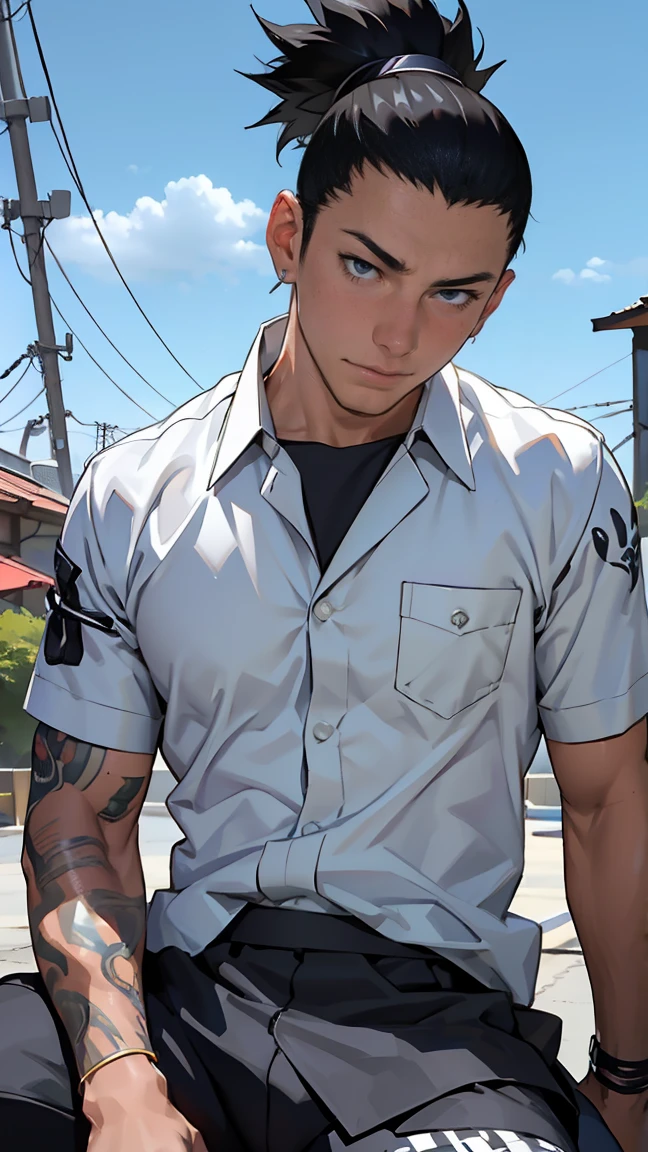 (best quality,4k,8k,highres,masterpiece:1.2),ultra-detailed,(realistic,photorealistic,photo-realistic:1.37),portrait,anime,sexy male,blushing, seductive pose,nara shikamaru,beautiful detailed eyes,beautiful detailed lips,extremely detailed face,tongue,stirrup legwear,buldge,piercing,thong,full body,vivid colors,studio lighting