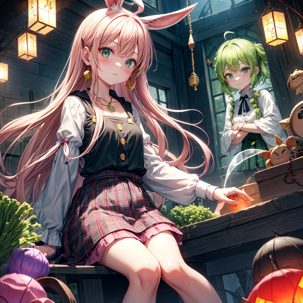 pink blonde、green eyes、one good looking girl、solo、anime、plaid mini skirt、the skirt has buttons、black camisole、black t-shirt、dress、wearing a ribbon、ribbon at waist、cloak、hood、clouds are swirling、stone slabs are piled up、raising one hand、crystal earrings、vegetable garden、monster castle、ceiling、golden key、jewelry necklace、Light and shadow、window、Hundreds of Ghosts at Night、lantern、sitting、legs crossed、mirror、Carrot、asparagus、tomato、green pepper、tunnel、clock、Stuck in the wall、tail、Rubik&#39;s Square、steam、Pillars are on fire、wind chimes