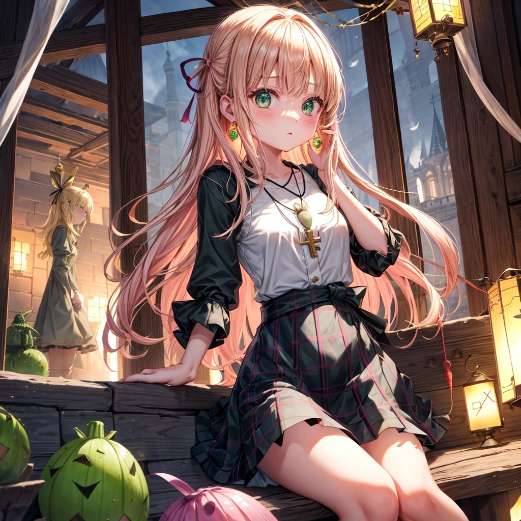 pink blonde、green eyes、one good looking girl、solo、anime、plaid mini skirt、the skirt has buttons、black camisole、black t-shirt、dress、wearing a ribbon、ribbon at waist、cloak、hood、clouds are swirling、stone slabs are piled up、raising one hand、crystal earrings、vegetable garden、monster castle、ceiling、golden key、jewelry necklace、Light and shadow、window、Hundreds of Ghosts at Night、lantern、sitting、legs crossed、mirror、Carrot、asparagus、tomato、green pepper、tunnel、clock、Stuck in the wall、tail、Rubik's Square、steam、Pillars are on fire、wind chimes