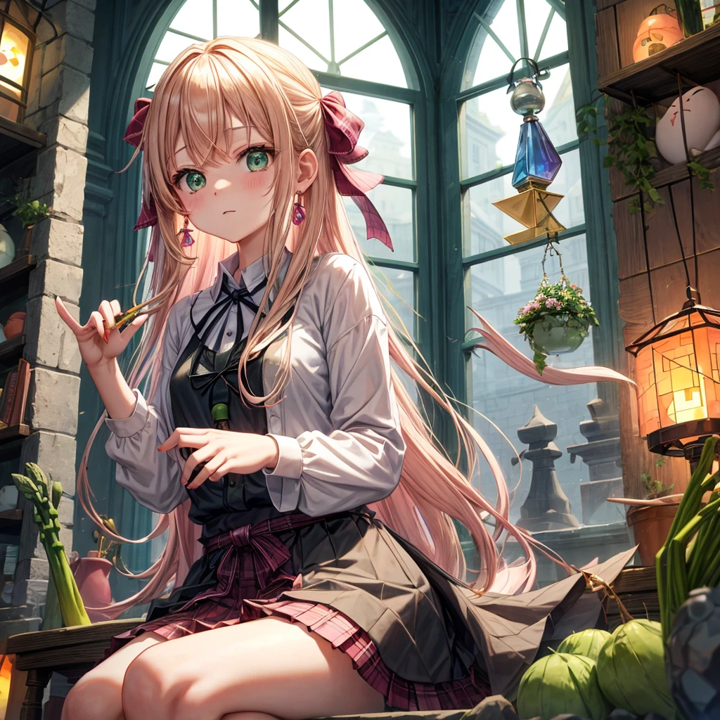 pink blonde、green eyes、one good looking girl、solo、anime、plaid mini skirt、the skirt has buttons、black camisole、black t-shirt、dress、wearing a ribbon、ribbon at waist、cloak、hood、clouds are swirling、stone slabs are piled up、raising one hand、crystal earrings、vegetable garden、monster castle、ceiling、golden key、jewelry necklace、Light and shadow、window、Hundreds of Ghosts at Night、lantern、sitting、legs crossed、mirror、Carrot、asparagus、tomato、green pepper、tunnel、clock、Stuck in the wall、tail、Rubik's Square、steam、Pillars are on fire、wind chimes