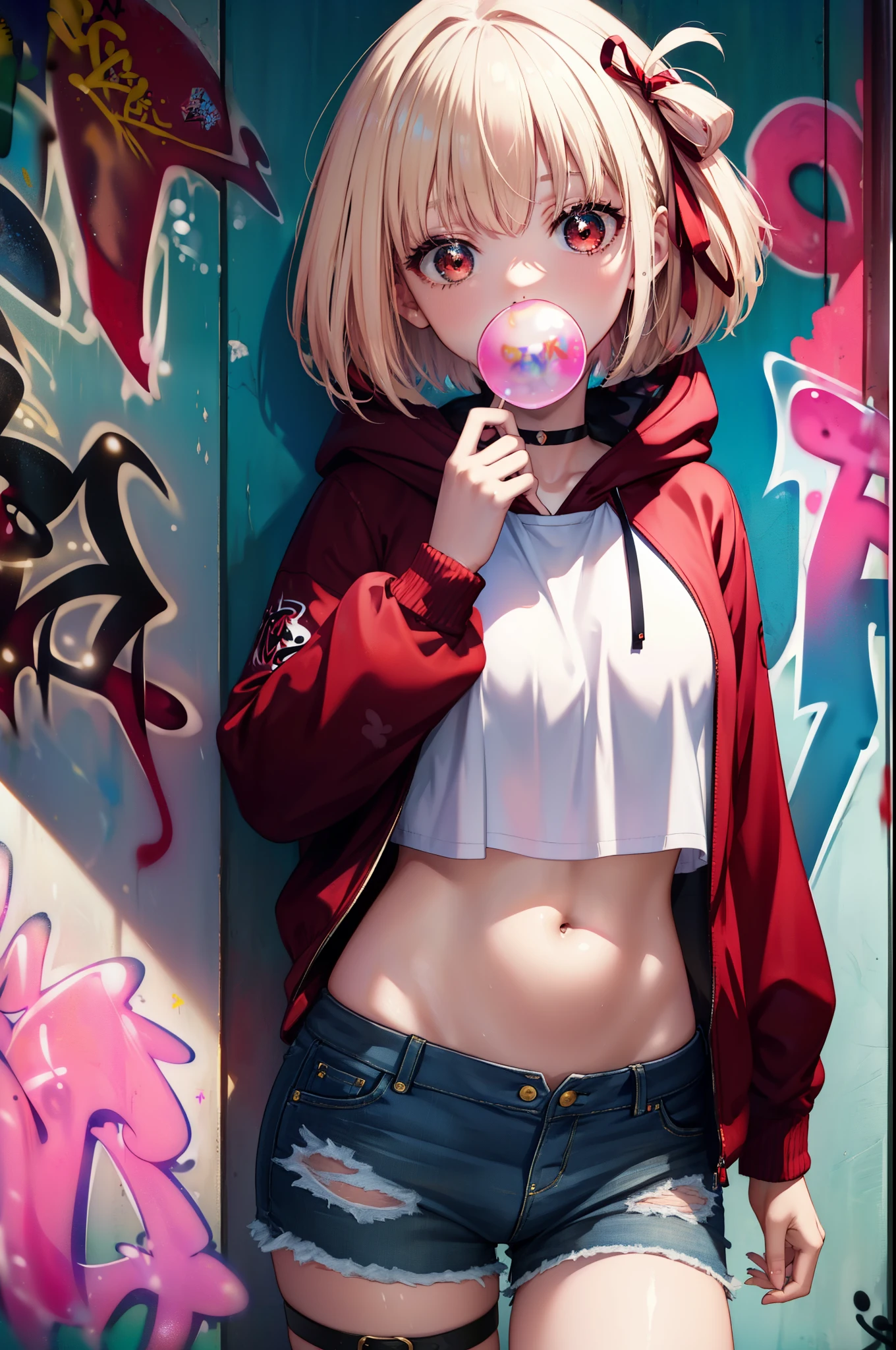 Chisato Nishikigi, Chisato Nishikigi, short hair, bangs, blonde hair, (red eyes:1.5), hair ribbon, one side up, Red hoodie　the front is open,wearing a hood,blow bubble gum, pink bubble gum,bob cut,Belly button tank top,denim shorts, choker, (graffiti:1.5), paint splatters, turn your arms behind your back, towards the wall, looking at the viewer , thigh strap, head tilt, was bored,break outdoors, Alley,break looking at viewer, (cowboy shot:1.5),
break (masterpiece:1.2), highest quality, High resolution, unity 8k wallpaper, (shape:0.8), (beautiful and detailed eyes:1.6), highly detailed face, perfect lighting, Very detailed CG, (perfect hands, perfect anatomy),