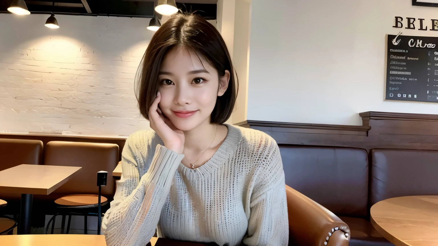 (最high quality、8k、32K、masterpiece:1.2)、A photo of a female college student who looks like a cute model、normal breasts、short bob hair、Upper body、face focus、extra large_sweater、necklace、look at the audience、background a trendy coffee shop with a unique aesthetic and atmosphere. Incorporate elements like modern furniture, artistic decoration, and ambient lighting to enhance the ambiance. People who enjoy drinks々Consider including, engaging in conversation, or quietly working on laptops. Let your creativity flow、In this chic café setting「stable diffusion」Let the idea come to life, I can see other customers enjoying themselves too..。At the back of the cafe、Staff are busy working at the counter.、Feel the vibrancy and warmth of a city cafe.., sharp focus, 1 girl, sexy 1.2, brown hair, With bangs, fine eyes, Beautiful eyes with long slits, double eyelid, (cat face), (cute Face), cute Smile, (close your mouth), (cute), soft skin, surreal, Super detailed, high quality, (Beautiful female college student with short hair studying in a cafe), ((詳細な非常にcute女子大生),