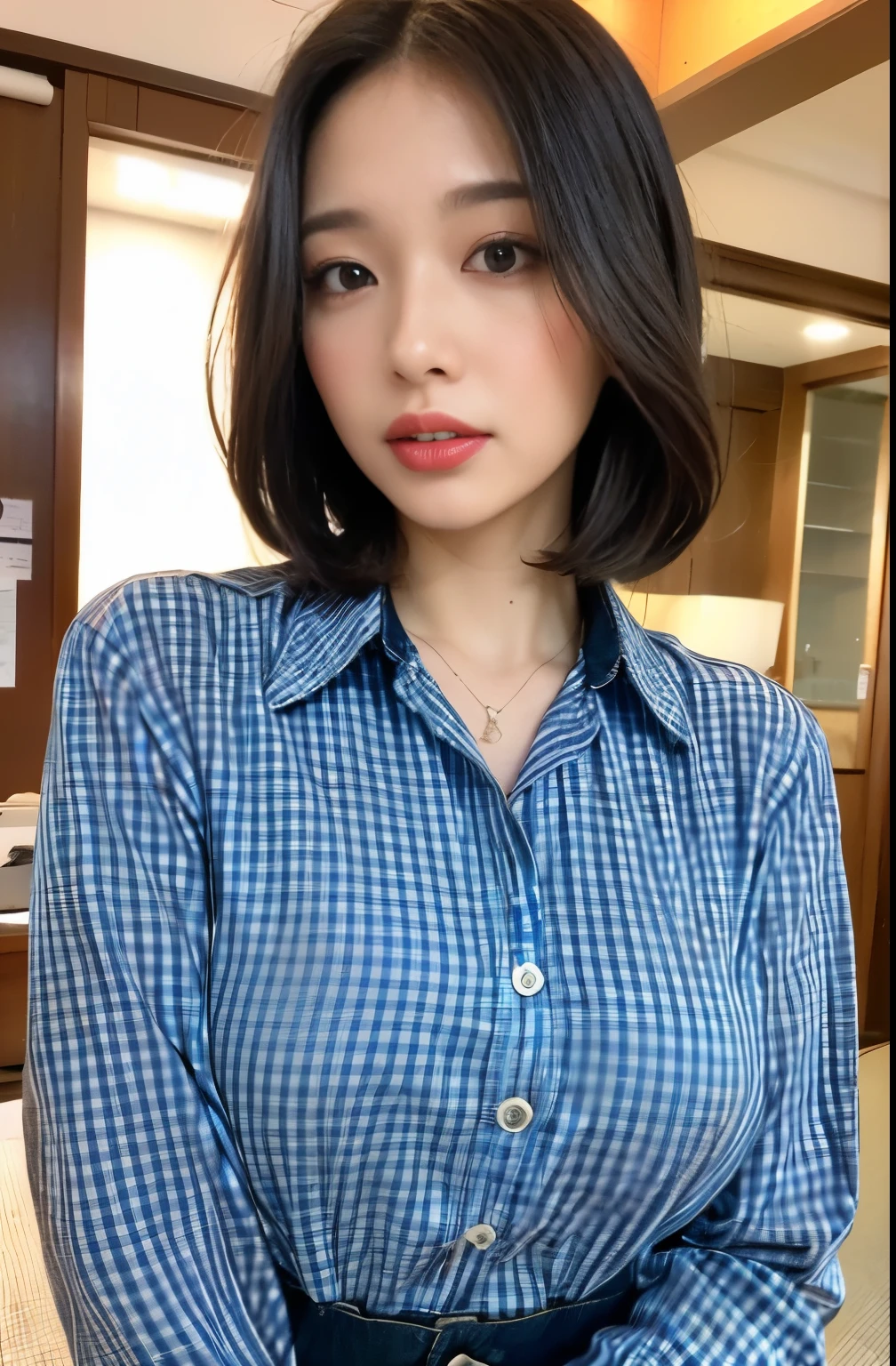 (((1girl)))((best qualtiy, 8K, tmasterpiece:1.3)),((Sharp:1.2, perfect figure beautiful woman:1.4, Slim abs:1.2)), ((Layered Hair Style, huge tit:1.3)),((Highly detailed facial and skin texture，A detailed eye，Black eye,double eyelid, droopy eyes)),(japan girl:1.5)(Brown Hair)(Checked shirt:1.8),(Japan park:1.3)