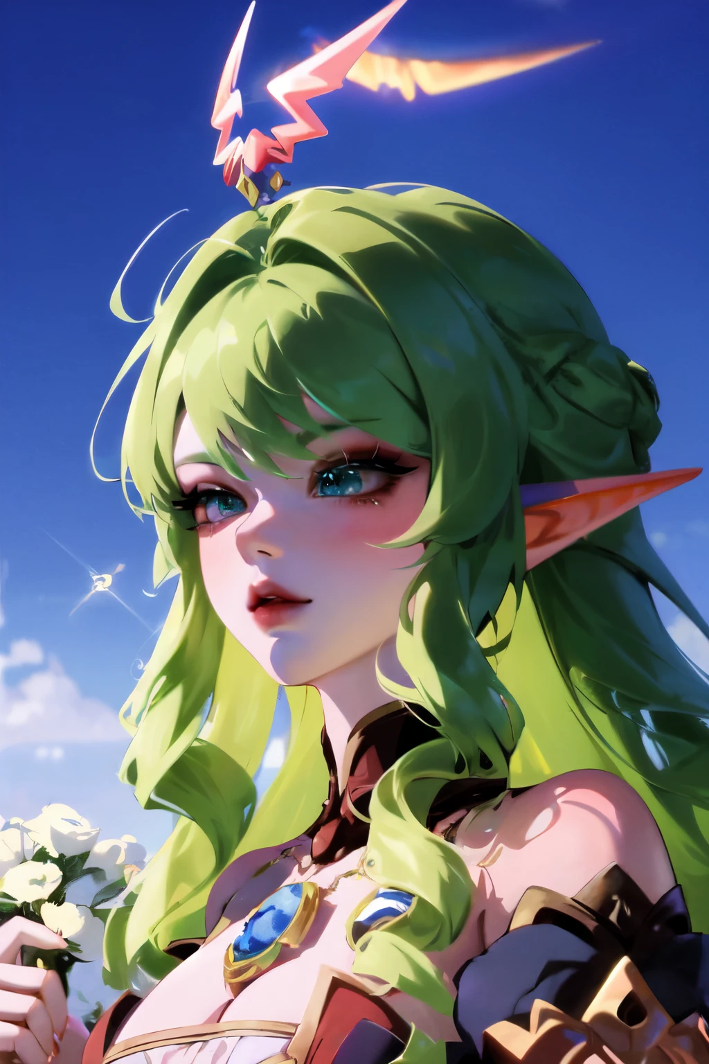 anime girl with green hair and white flowers in her hair, detailed digital anime art, stunning anime face portrait, ((a beautiful fantasy empress)), beautiful fantasy anime, beautiful anime portrait, anime goddess, detailed portrait of anime girl, anime fantasy illustration, a beautiful fantasy empress, beautiful and elegant elf queen, portrait of an elf queen, 8k high quality detailed art