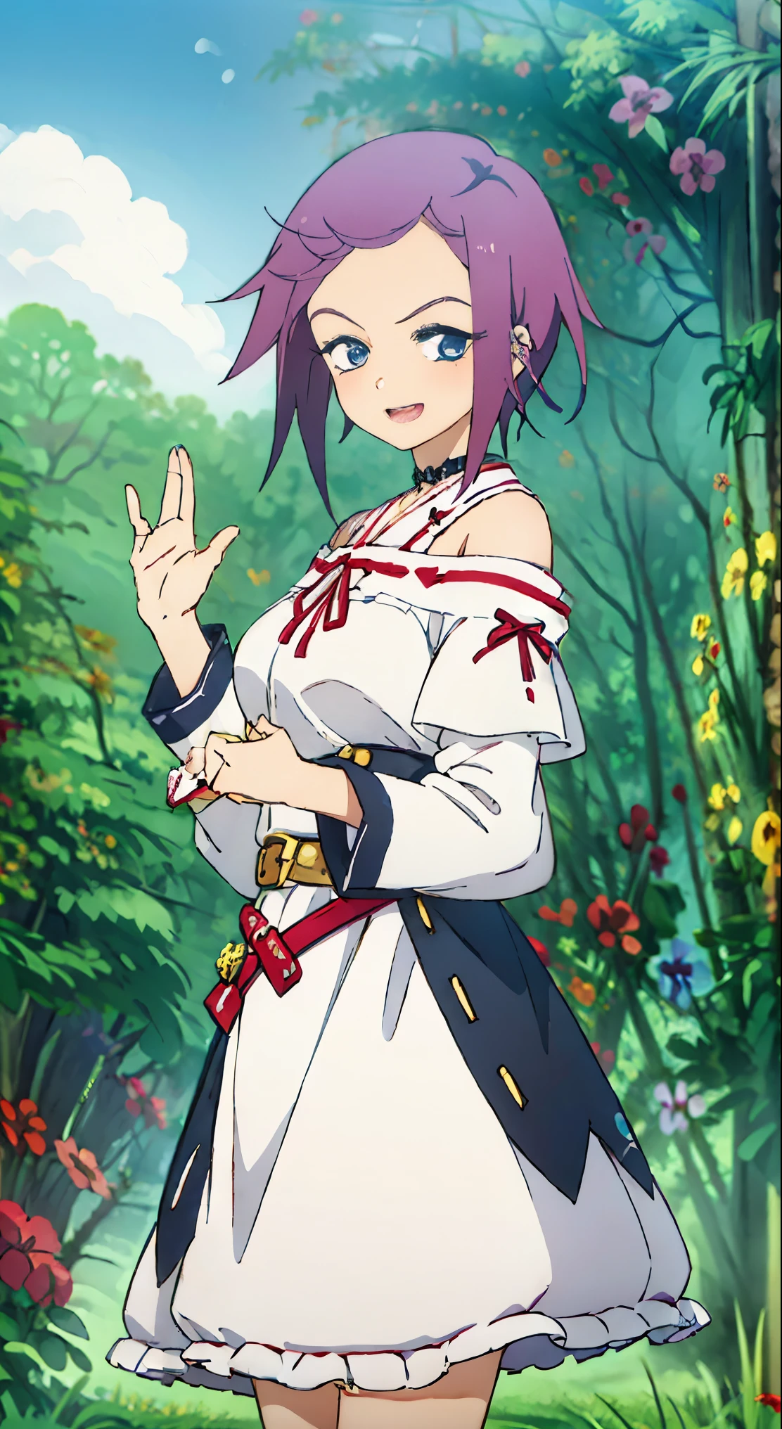 Kisho, 1 girl, purple hair, fantasy world, Remains, Bang, beautiful sky, shining sky, sunlight, smile, waving, sandals, belt, ribbon choker, Dresses that blow the wind, White lace dress, Off-shoulder sleeve, both hands, perfect fingers, five fingers, beautiful eyes