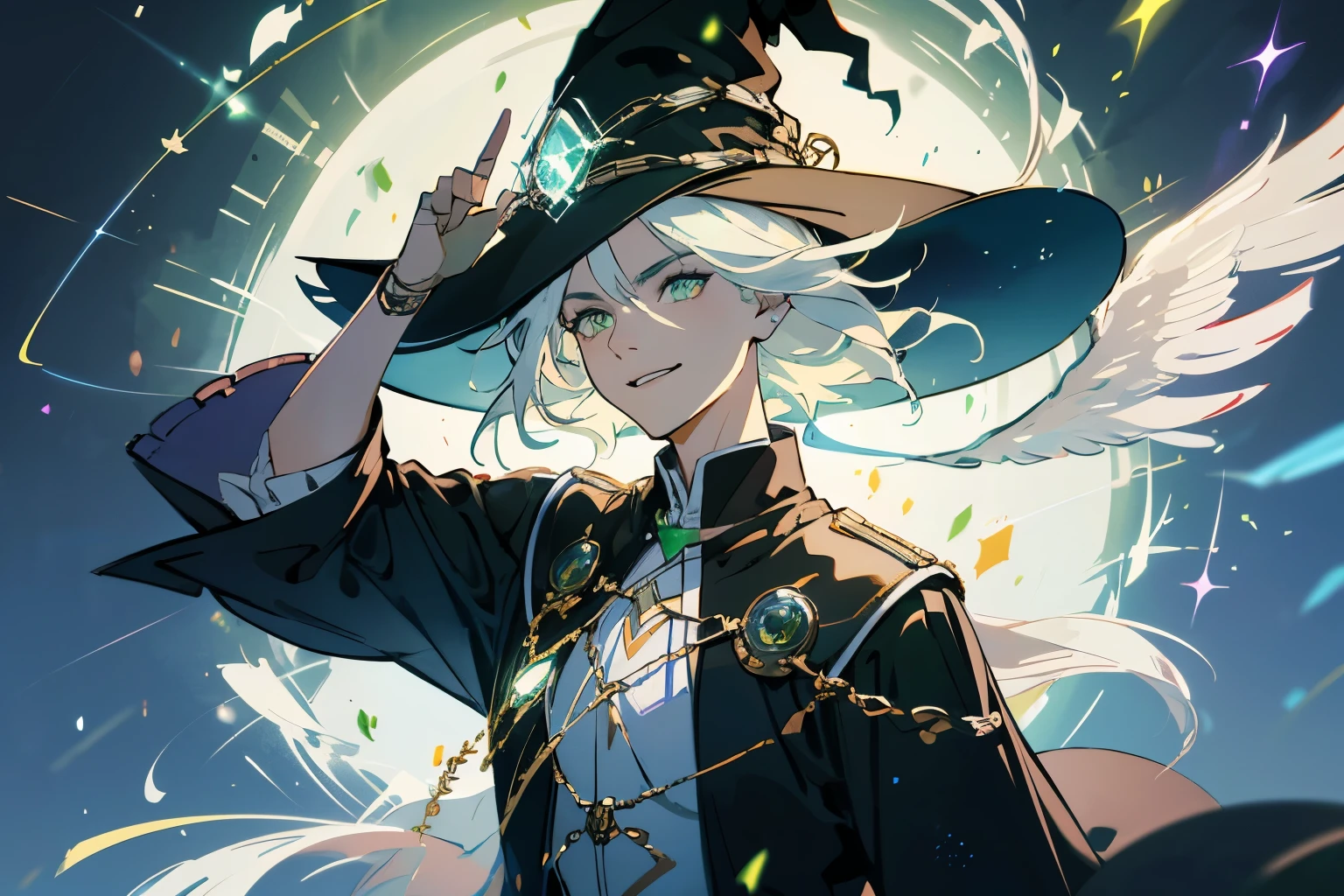 (ultra-detailed, perfect pixel, highres, best quality, beautiful eyes finely detailed), male, wizard, full of magic aura, smirk facial expression, sharp green eye color (glowing green eyes), white hair, black middle age outfit, witch point hat, elegant, the background is full of magical particles. lens flare, glowing light, reflection light, motion blur, 8k, super detail, accurate, best quality, Ray tracing.