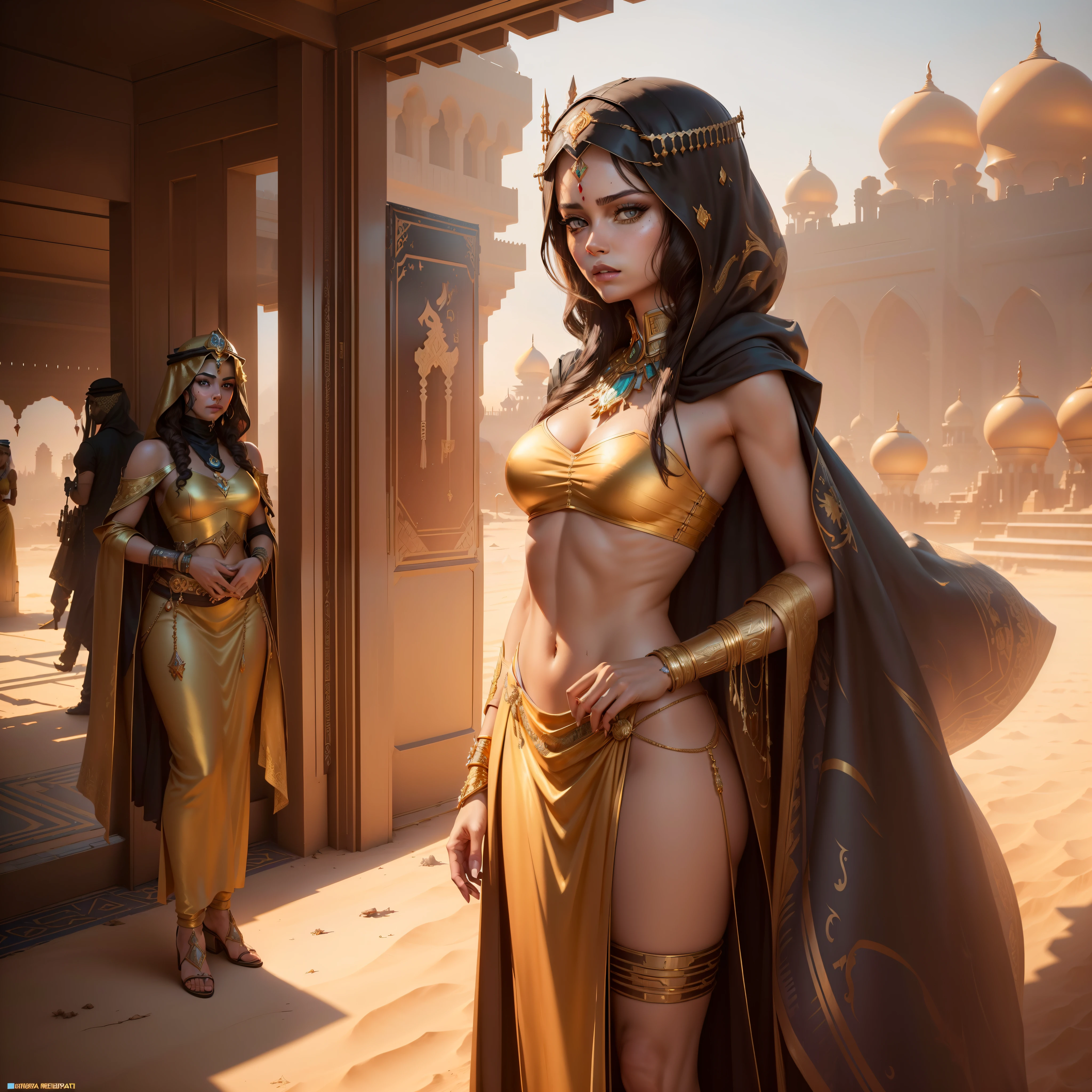 Photo of (arabian princess:1.5) Packed hall standing in the background々and衣装を着て (Cyberpunk Desert:1.3), (Exotic Royal Palace:1.5) and (sunset sky:1.2). In a complex hijab, Long vest in jewelry with gold embroidery, detailed face and eyes, (very detailed:1.4), 8k, realistic, (dark brown long hair:1.2), (young woman:1.1), Written by Jeremy Mann, Written by Sandra Chevrier, Written by Maciej Cuchara, (shadows and highlights:1.3), True Shadow, 。.3D, (golden hour lighting:1.3), (by Michelangelo:0.9), Art stations and deviations, Greg Rutkowski and Alphonse Much