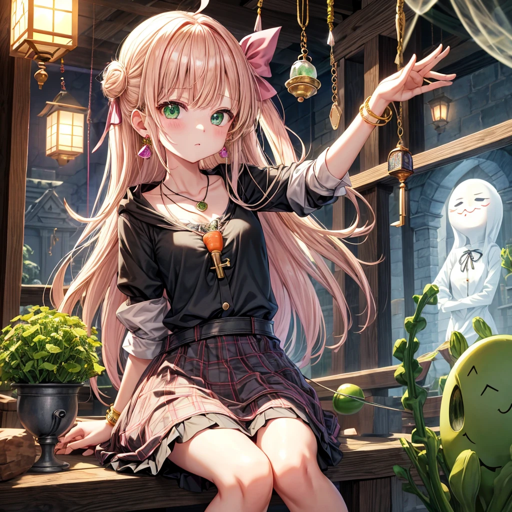 pink blonde、green eyes、one good looking girl、solo、anime、plaid mini skirt、the skirt has buttons、black camisole、black t-shirt、dress、wearing a ribbon、ribbon at waist、cloak、hood、clouds are swirling、stone slabs are piled up、raising one hand、crystal earrings、vegetable garden、monster castle、ceiling、golden key、jewelry necklace、Light and shadow、window、Hundreds of Ghosts at Night、lantern、sitting、legs crossed、mirror、Carrot、asparagus、tomato、green pepper、tunnel、clock、Stuck in the wall、tail、Rubik's Square、steam、Pillars are on fire、wind chimes