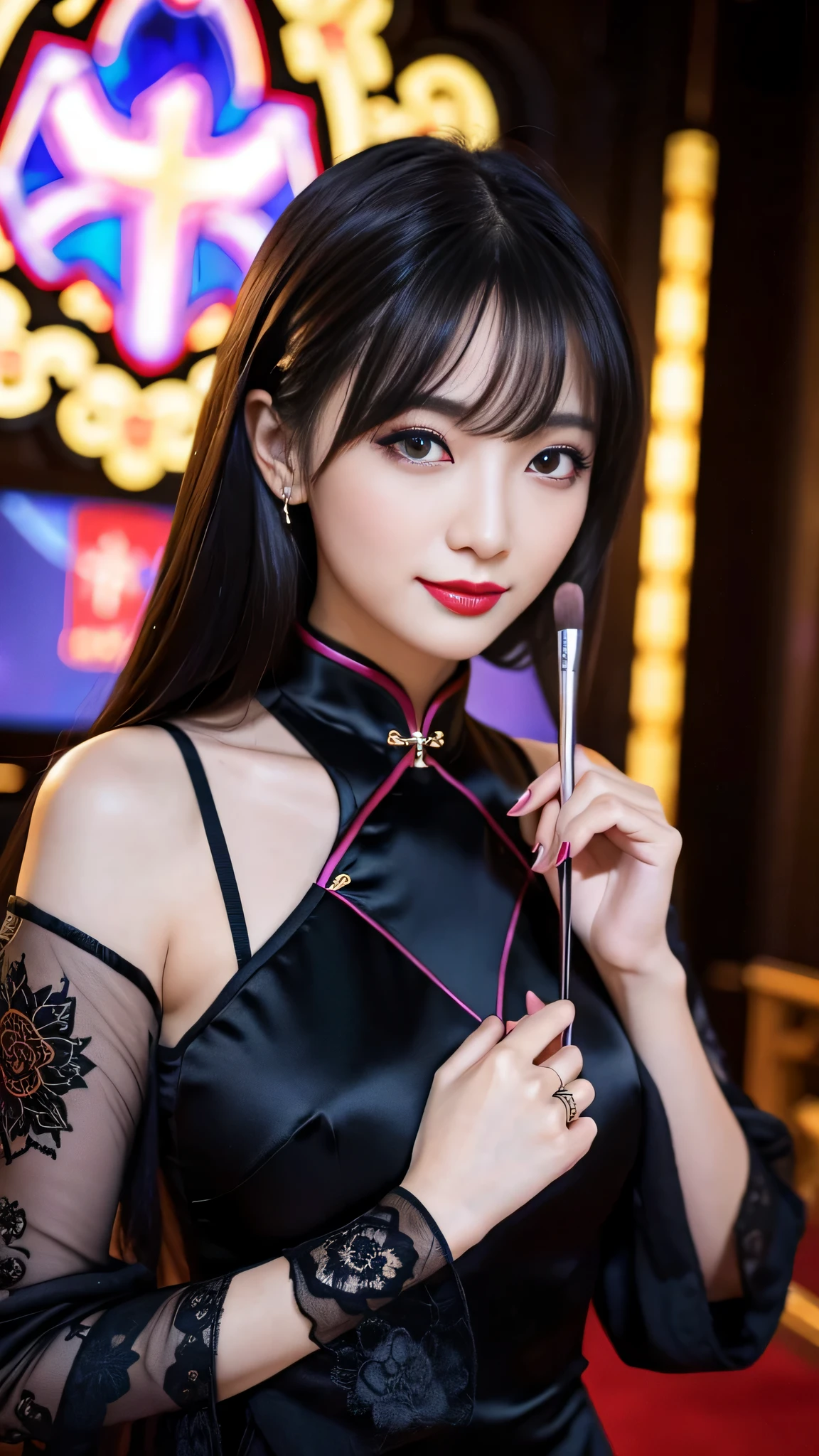 Super detailed、Japanese、charming beauty、seductive adult woman、Beautiful woman、sharp eyes、cool girl、wavy hair、long black cheongsam、wide sleeve、evilの幹部、evil depravity、brainwashing、Mind control、apply lipstick、grin、evilな表情、evil、empty eyes、evil、church at night、Hypnosia makeup brush