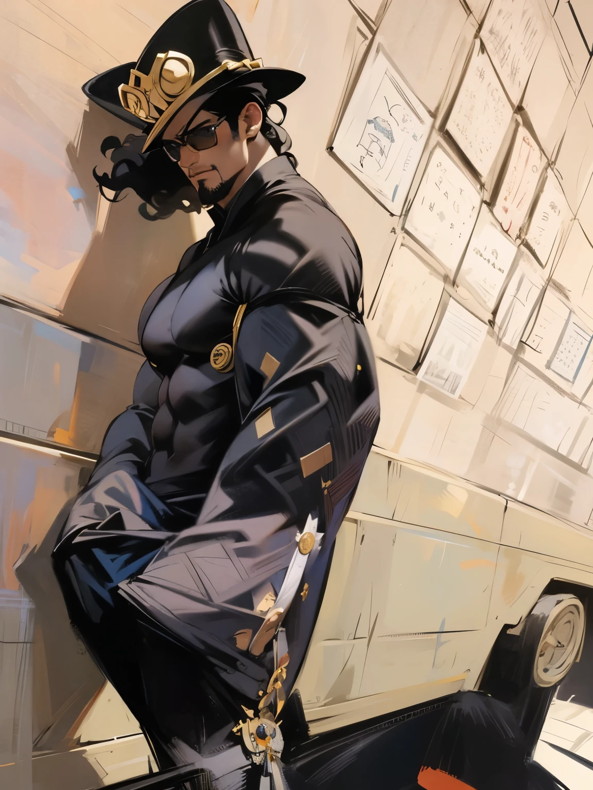 anime, anime style, a handsome black man, attractive man, dark skin, black hair, posing, curly afro, curly hair, goatee, facial hair, glasses, jojo's bizarre adventure, jjba, hoodie, black pants, hat, cool pose, muscular, muscle definition, biceps, pecs, abs, large muscles