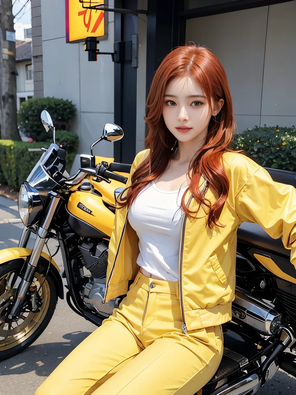 dynamic podium: 1.3), (realistic:1.5), (realistic:1.4), 8k, Super delicate beauty, 1 girl, intricate body details, (short: 1.3), (highest quality: 1.0), (Super high sharpness: 1.0),（Beautiful and delicate depiction of eyes）,((((ride a motorcycle)))),unreal engine:1.4, photorealistic:1.4, skin texture:1.4, masterpiece:1.8,highest quality、smile、long limbs、((yellow jacket and long pants))、(((Redhead short)))