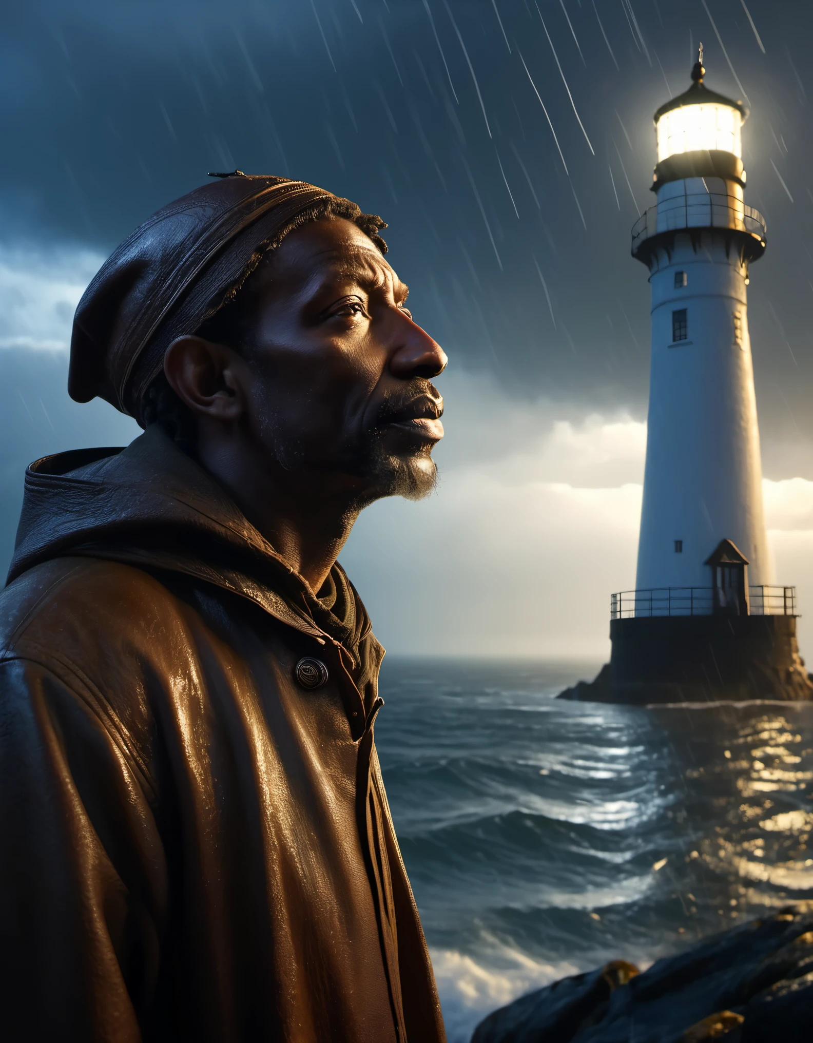 (A close up of a tower keeper standing on a towering lighthouse on the cliff with a searchlight held high),portrait,close up,(Wear a searchlight:0.85), He lowered his head to guide the ship in the distance.. He has rough brown skin and a wrinkled face. He is vicissitudes of life, Wearing a hooded raincoat, rough waves, beam, moonlight, background: Heavy rain is falling, photography, Andrey Remnev, masterpiece, tilin, realism, diablo, gothic art, The atmosphere is strong, unreal engine, Quixel Megascans rendering, V-ray, high detail, high quality, high resolution, art stage trends, surrealism, HD, 16k, depth of field (Every time), waist shot (WS), close up, Rembrandt lighting, Epic visuals, Top view,