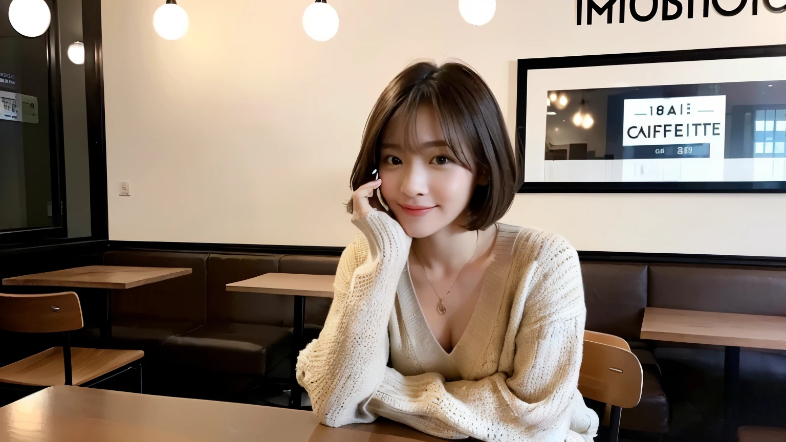(最high quality、8k、32K、masterpiece:1.2)、A photo of a female college student who looks like a cute model、normal breasts、short bob hair、Upper body、face focus、extra large_sweater、necklace、look at the audience、background a trendy coffee shop with a unique aesthetic and atmosphere. Incorporate elements like modern furniture, artistic decoration, and ambient lighting to enhance the ambiance. People who enjoy drinks々Consider including, engaging in conversation, or quietly working on laptops. Let your creativity flow、In this chic café setting「stable diffusion」Let the idea come to life, I can see other customers enjoying themselves too..。At the back of the cafe、Staff are busy working at the counter.、Feel the vibrancy and warmth of a city cafe.., sharp focus, 1 girl, sexy 1.2, brown hair, With bangs, fine eyes, Beautiful eyes with long slits, double eyelid, (cat face), (cute Face), cute Smile, (close your mouth), (cute), soft skin, surreal, Super detailed, high quality, (Beautiful female college student with short hair studying in a cafe), ((詳細な非常にcute女子大生),