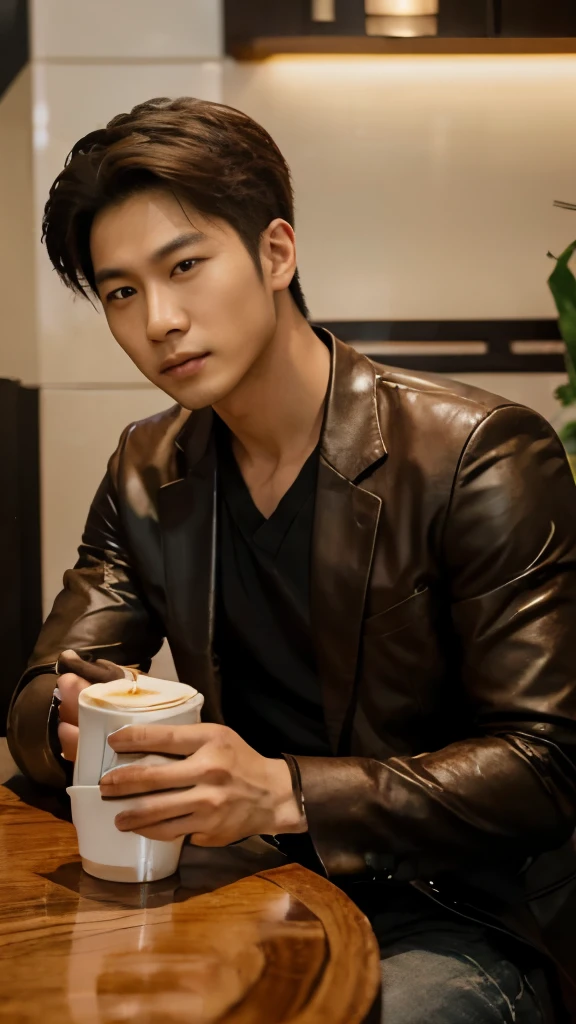 a man sitting at a table with a cup of coffee, asian male, duy beni serial, kan liu, photo style of shawn paul tan, male ulzzang, christopher cao, south korean male, phuoc quan, sitting on a mocha-colored table, enjoying coffee at a coffee shop, mario feng, wonbin lee, attractive man drinking coffee