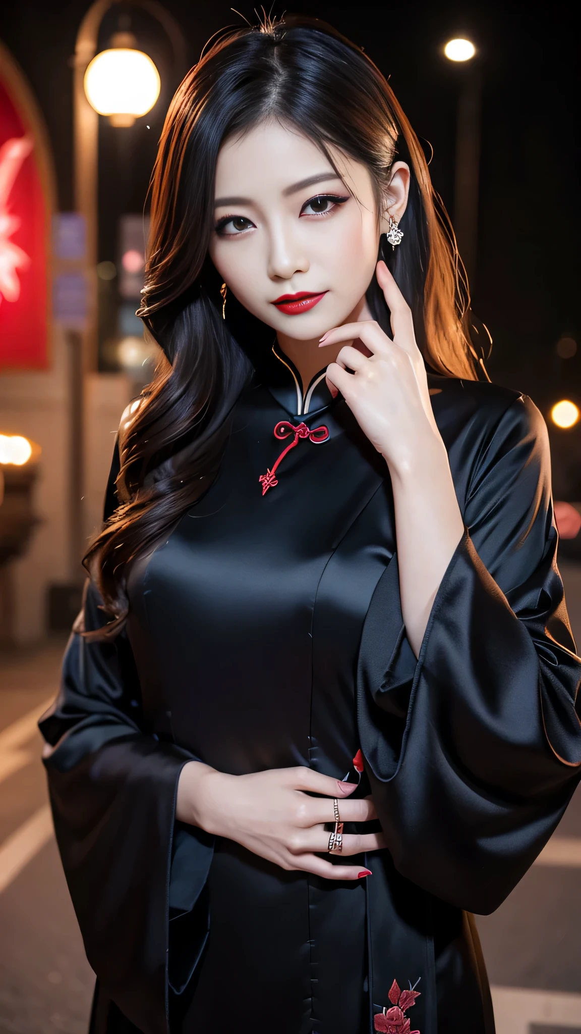 Super detailed、Japanese、charming beauty、seductive adult woman、Beautiful woman、sharp eyes、cool girl、wavy hair、long black cheongsam、wide sleeve、evilの幹部、evil depravity、brainwashing、Mind control、apply lipstick、grin、evilな表情、evil、empty eyes、evil、church at night、vampire、vampire、Hypnosia makeup brush