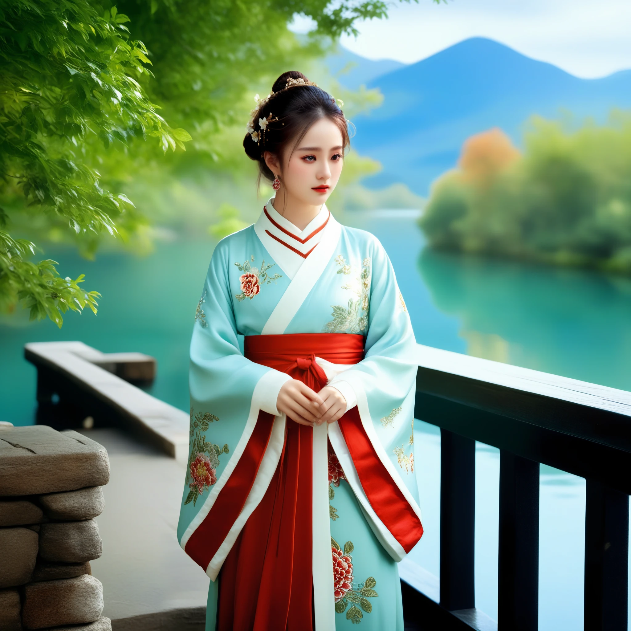 photorealistic,realistic,masterpiece,best quality,4k,，
A girl standing near the bridge over the lake, Wear new Chinese clothing that combines traditional Chinese Hanfu and modern clothing elements, Showing a unique oriental charm. Her clothes are mainly in red and white colors, With exquisite embroidery and beadwork, Showing the profound heritage of Chinese traditional culture. Her hairstyle is simple yet elegant, Wearing gorgeous hair accessories, Adds a splash of color to the overall look. Her makeup is delicate and elegant, Highlighting her natural beauty. Her eyes are bright and energetic, It seemed to be telling her inner story. Her skin is fair and delicate, Exudes a charming luster. Her figure is graceful and dignified, Exudes a noble temperament. She stood on the bridge by the lake, Behind you are the sparkling water and the mountains in the distance., It forms a beautiful picture. The sun shines on her body, Contrast between light and dark, highlighting her theme.