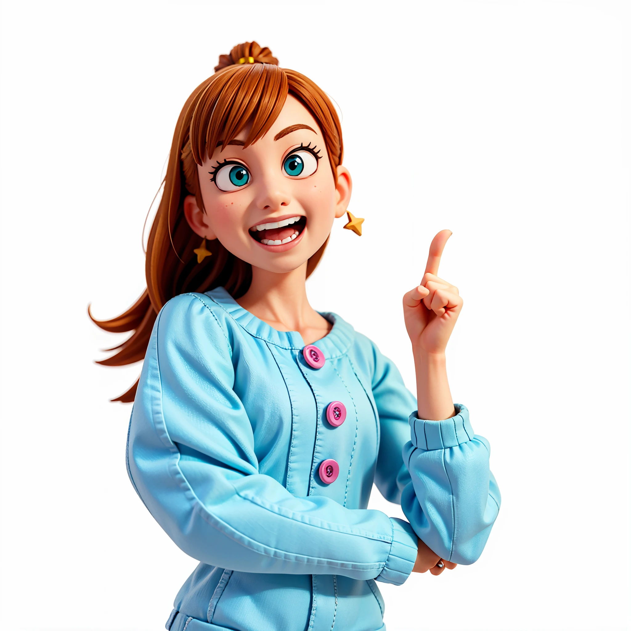 pixar character, cg image, game character, woman in blue shirt making a gesture with her hand, with index finger, she expressing joy, she is smiling and excited, excited facial expression, young woman, with pointing finger, ad image, excited expression, chiho, pointing